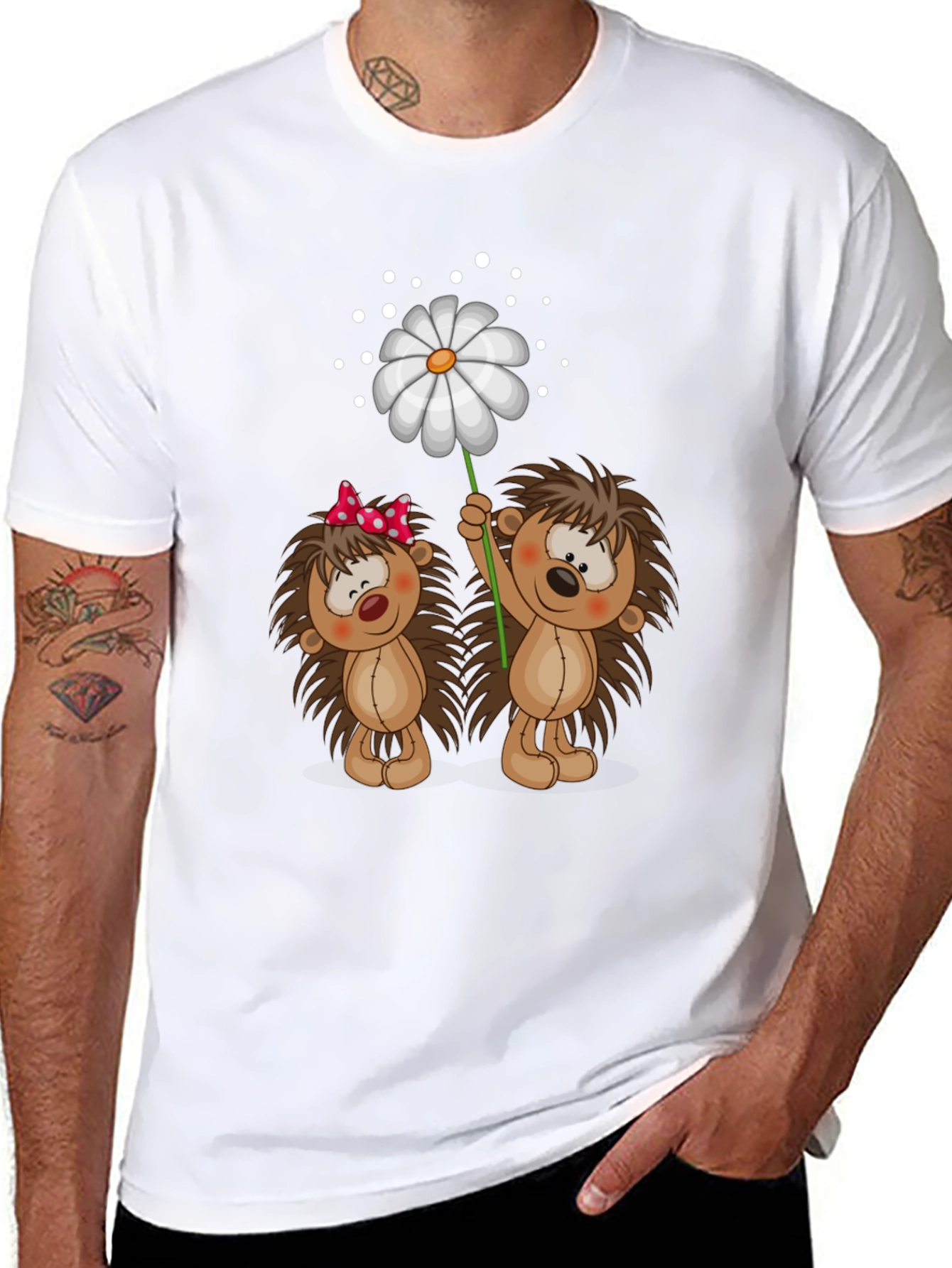 Black Cute Hedgehog & Daisy Graphic Black T-Shirt view 8
