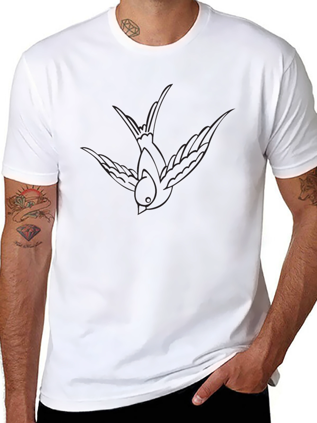 Black Men's Black T-Shirt with Subtle Bird Outline Design view 8