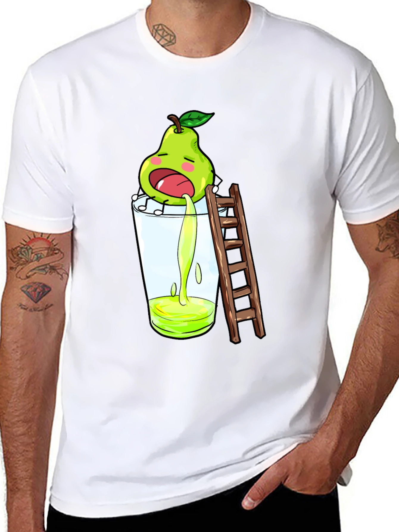 Black Funny Pear Juice Cartoon Black T-Shirt view 8