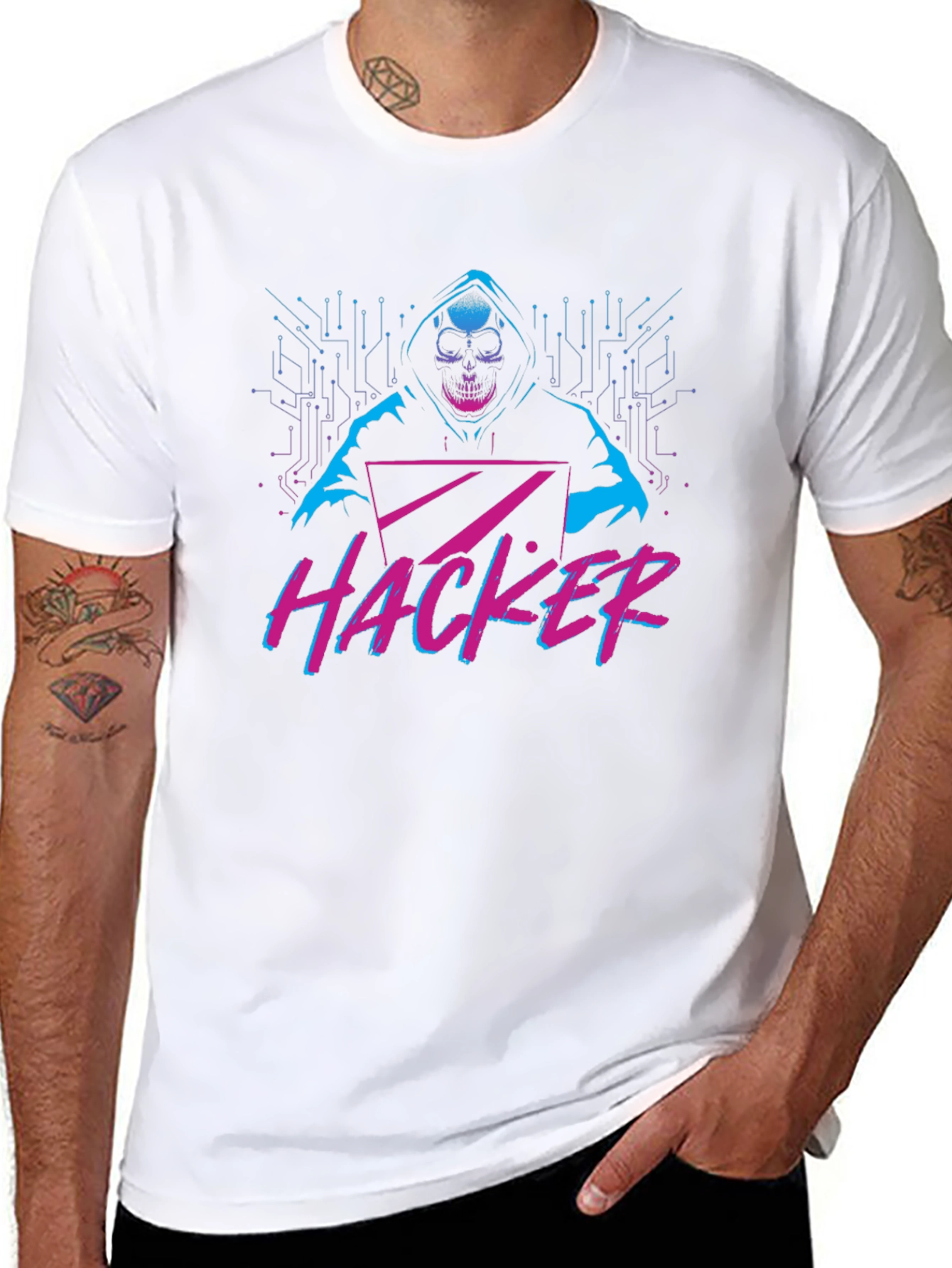 Black Hacker Graphic T-Shirt - Skull & Laptop Design view 8