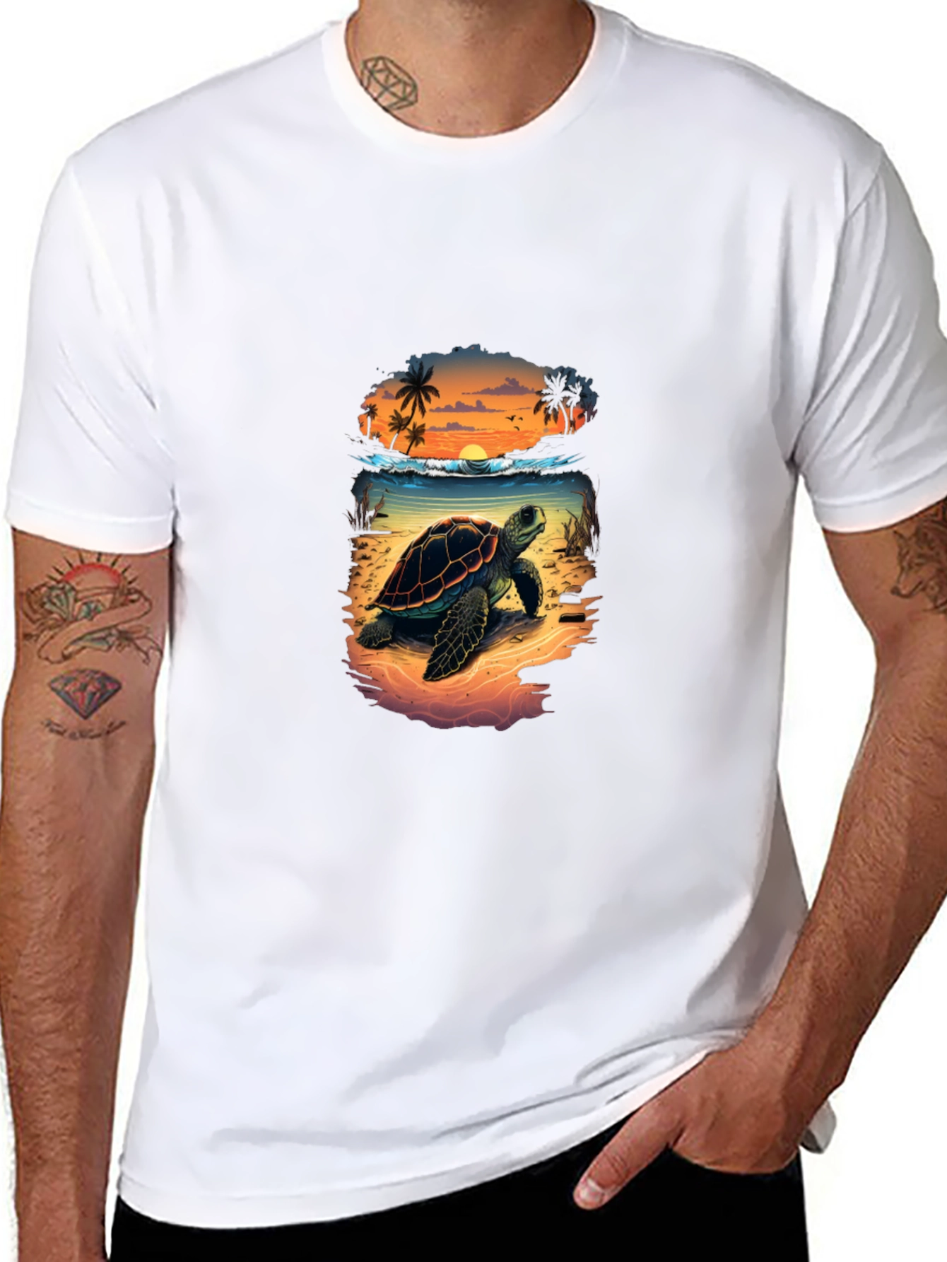 Black Sea Turtle Beach Sunset Graphic T-Shirt view 8
