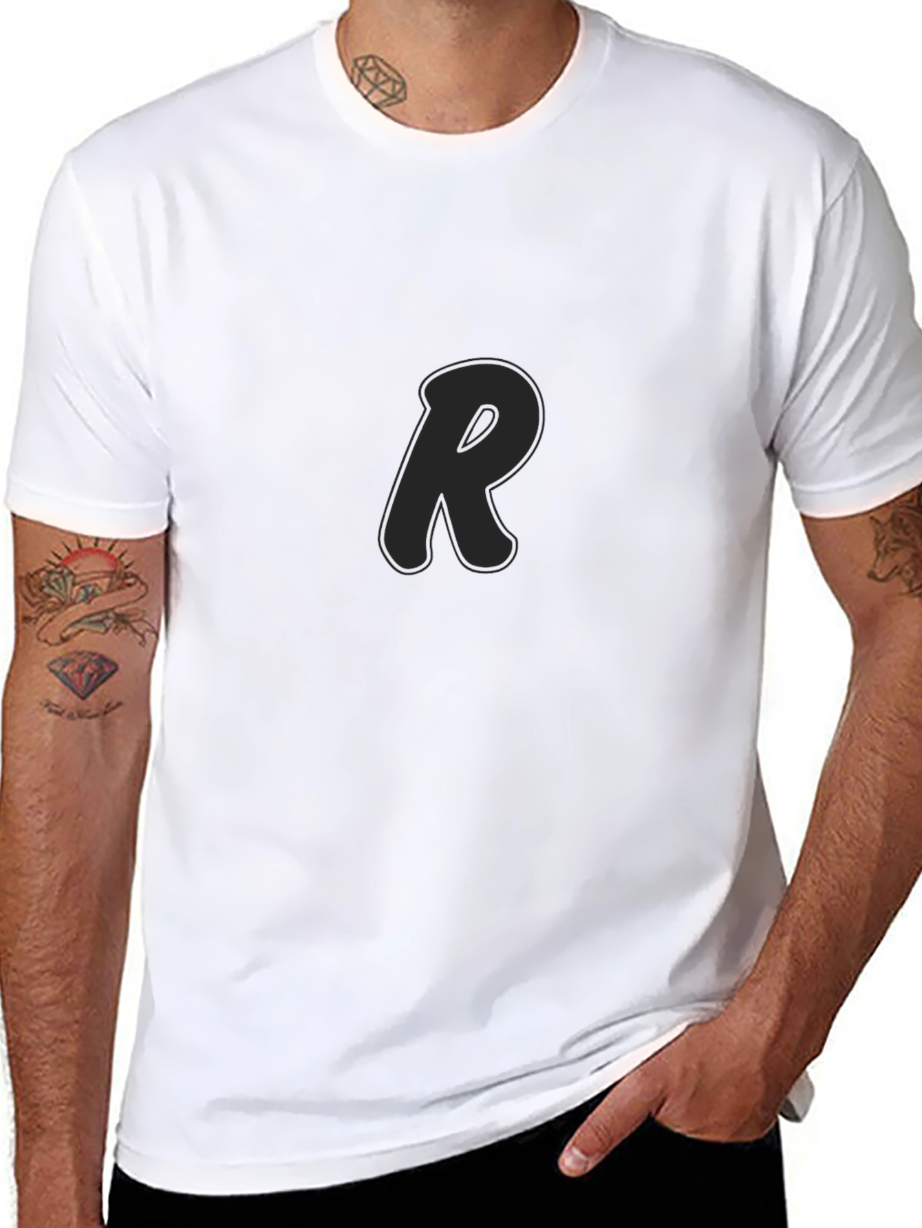 Black Men's Black T-Shirt with Letter R Design view 8