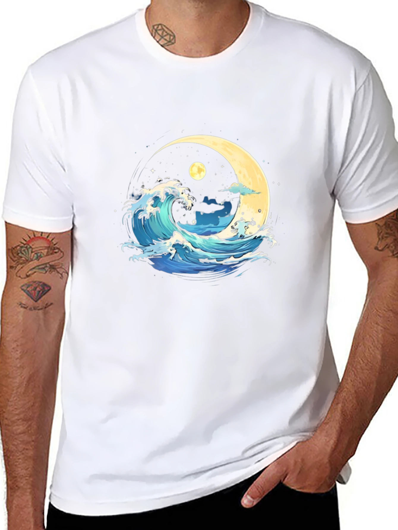 Black Ocean Wave Moon Graphic Black T-Shirt view 8