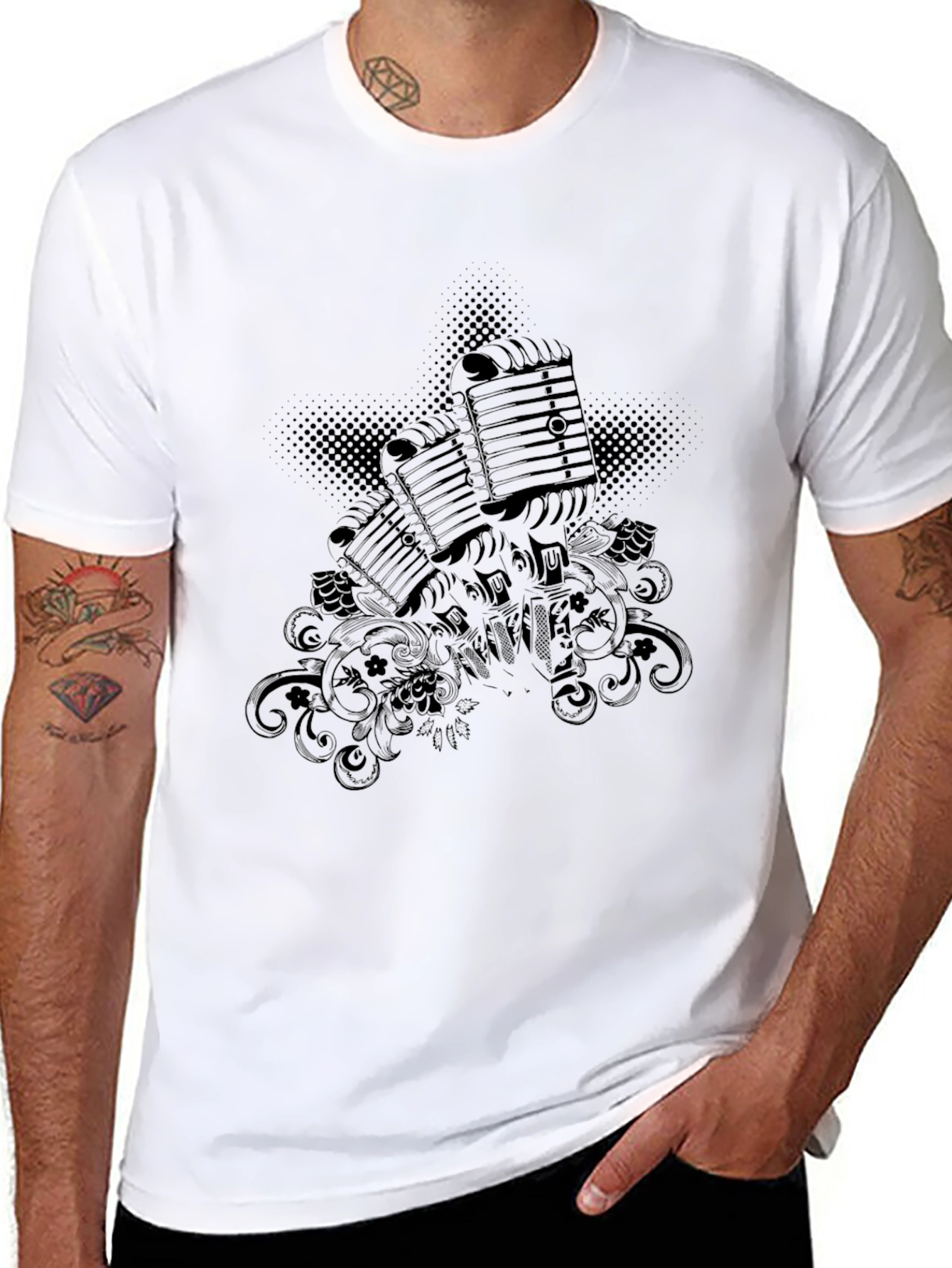 Black Vintage Microphone Graphic Black T-Shirt view 8