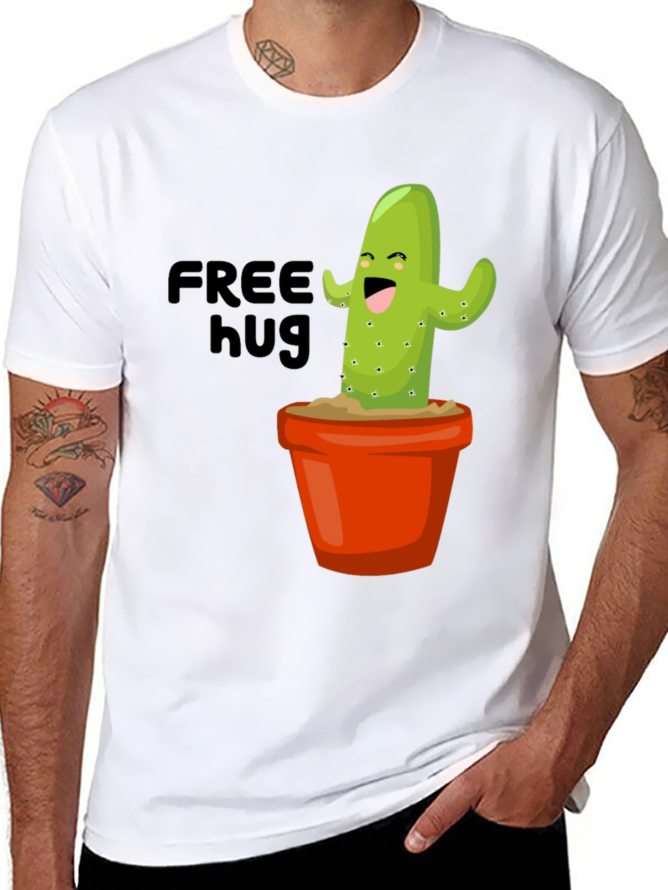Black Funny Cactus T-Shirt - Free Hugs Graphic Tee view 8