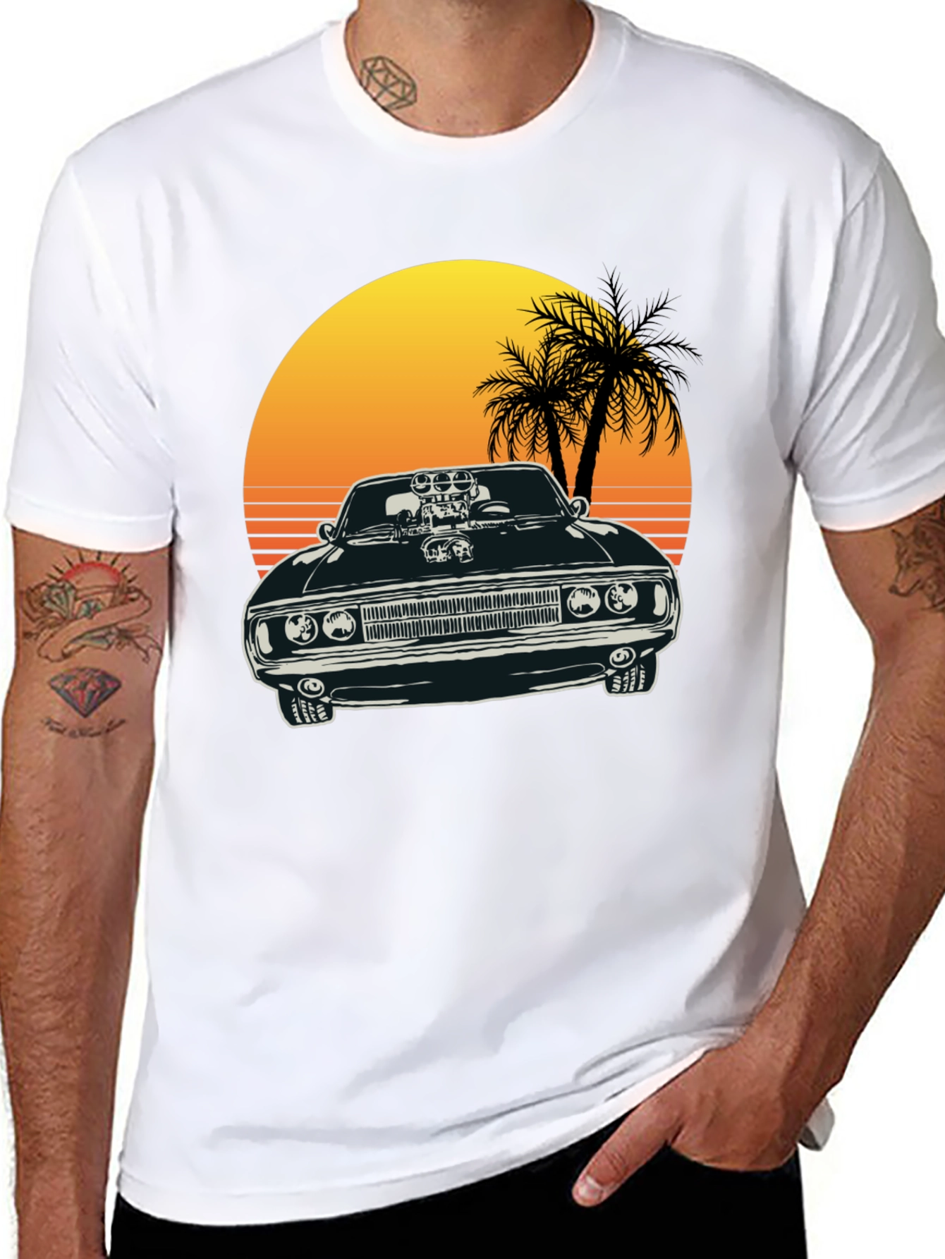 Black Muscle Car Sunset T-Shirt view 8