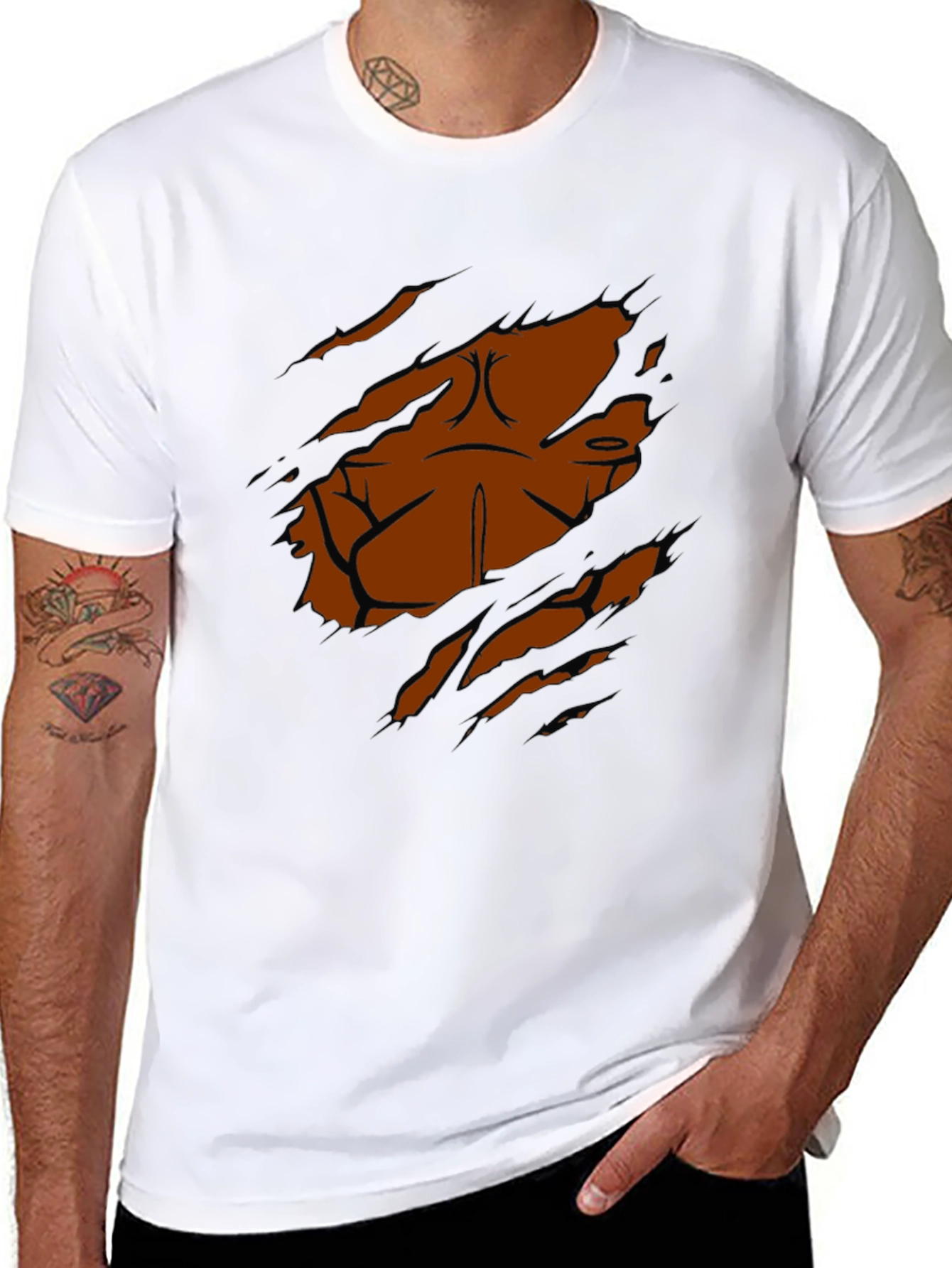 Black Ripped Abs Illusion Graphic T-Shirt - Black view 8