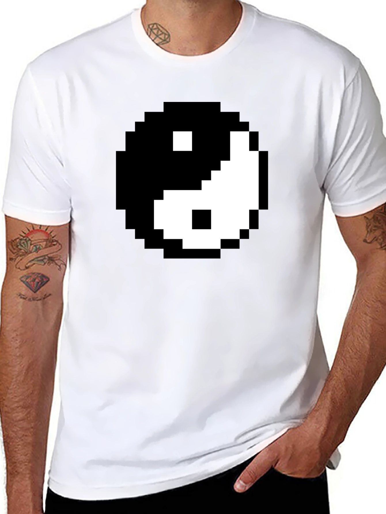 Black Pixel Yin Yang Graphic Tee - Black Cotton Blend Shirt view 8