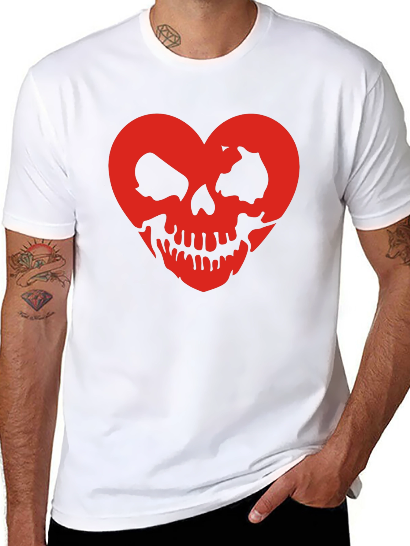 Black Skull Heart Graphic Tee - Black Cotton T-Shirt view 8