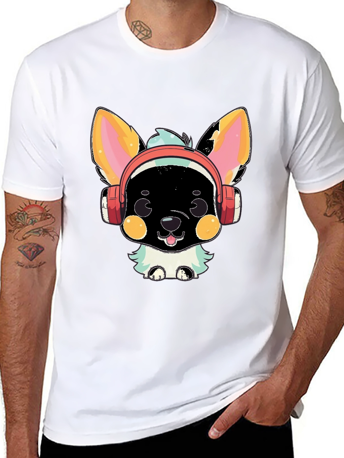 Black Cute Cartoon Animal with Headphones Graphic T-Shirt view 8