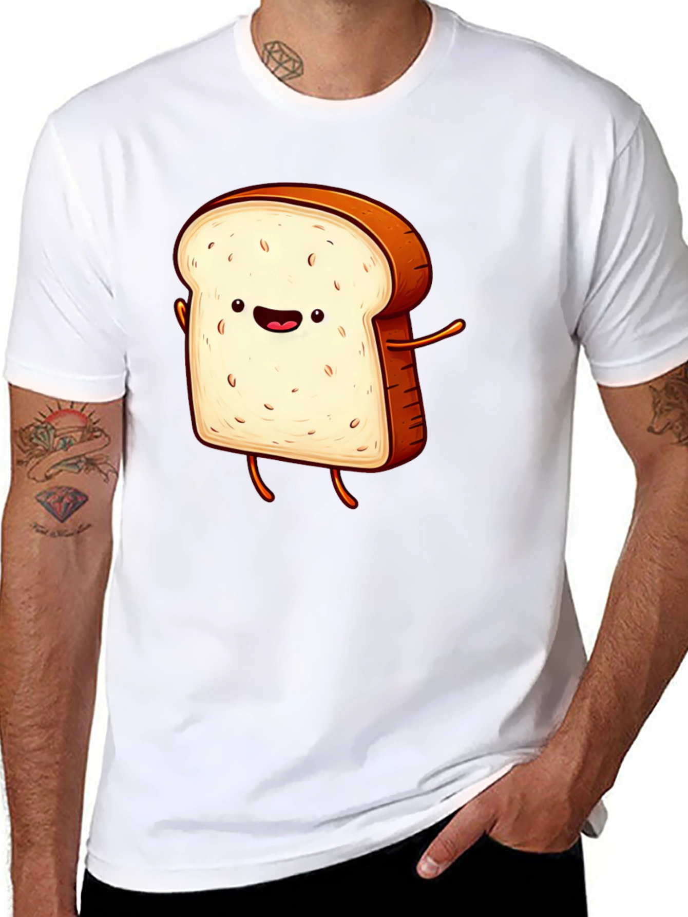 Black Funny Cartoon Toast Graphic Tee - Black T-Shirt view 8