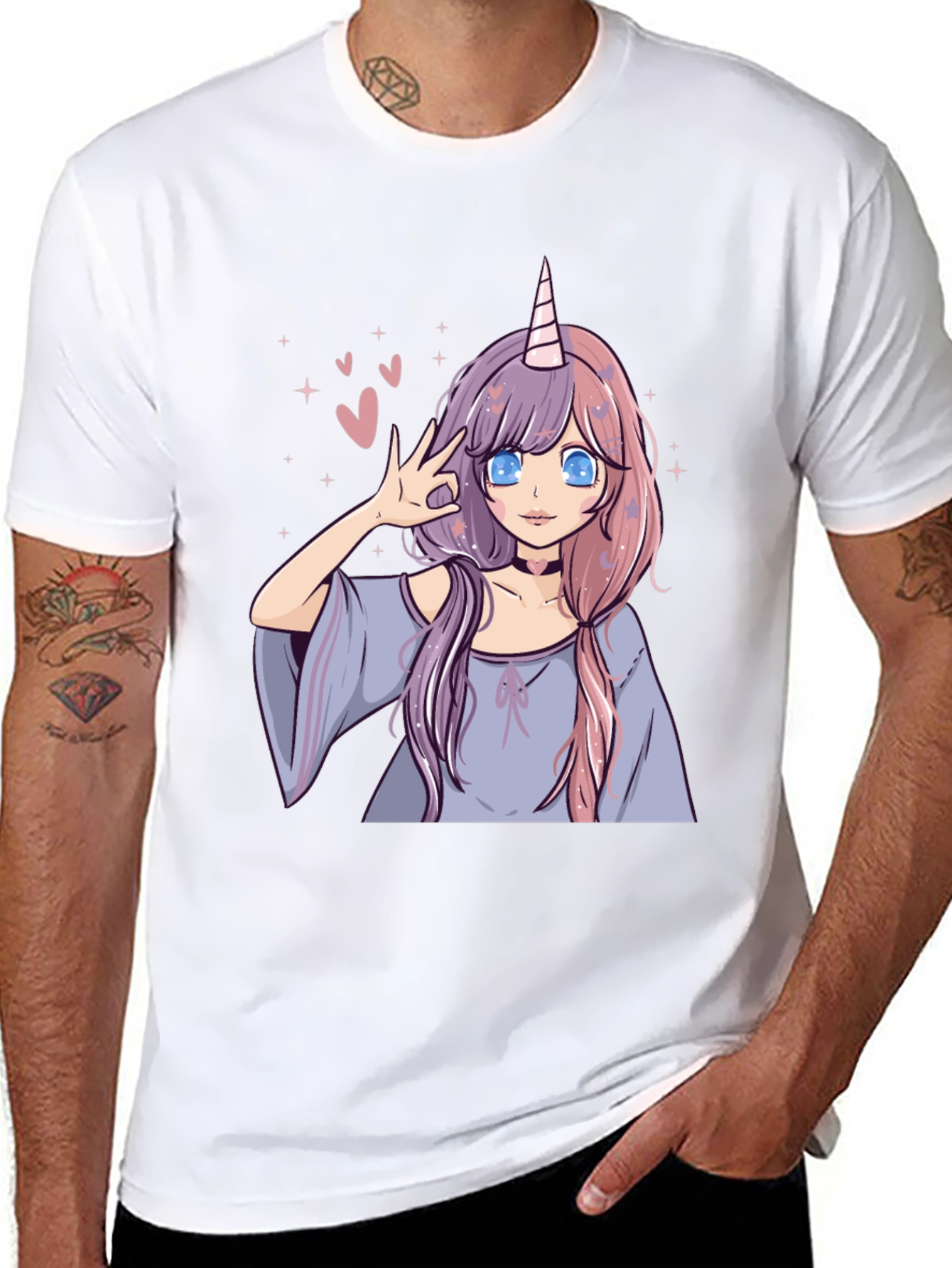 Black Anime Unicorn Girl Graphic Tee - Black Casual T-Shirt view 8