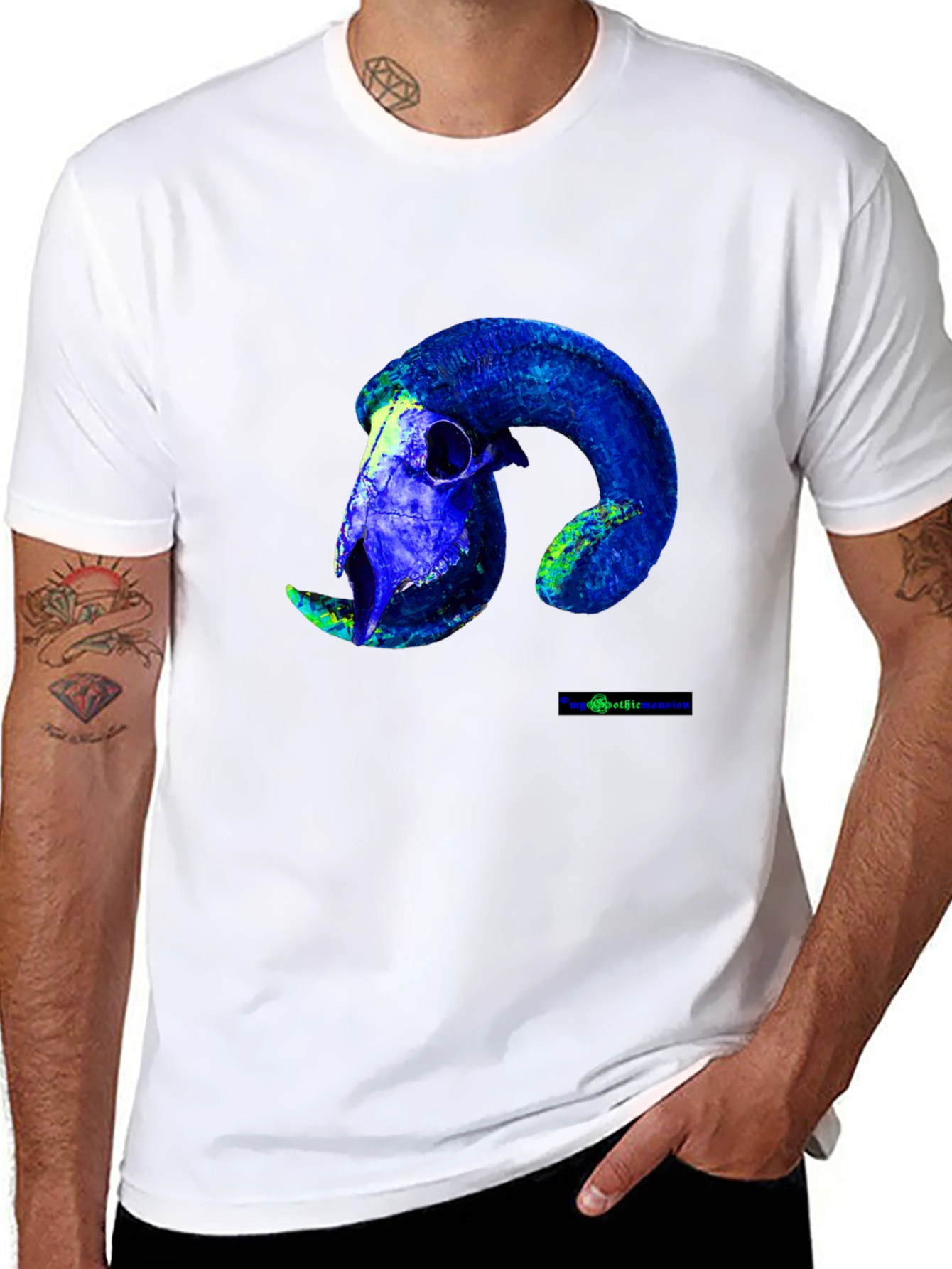 Black Ram Skull Graphic Tee - Bold Blue Design view 8