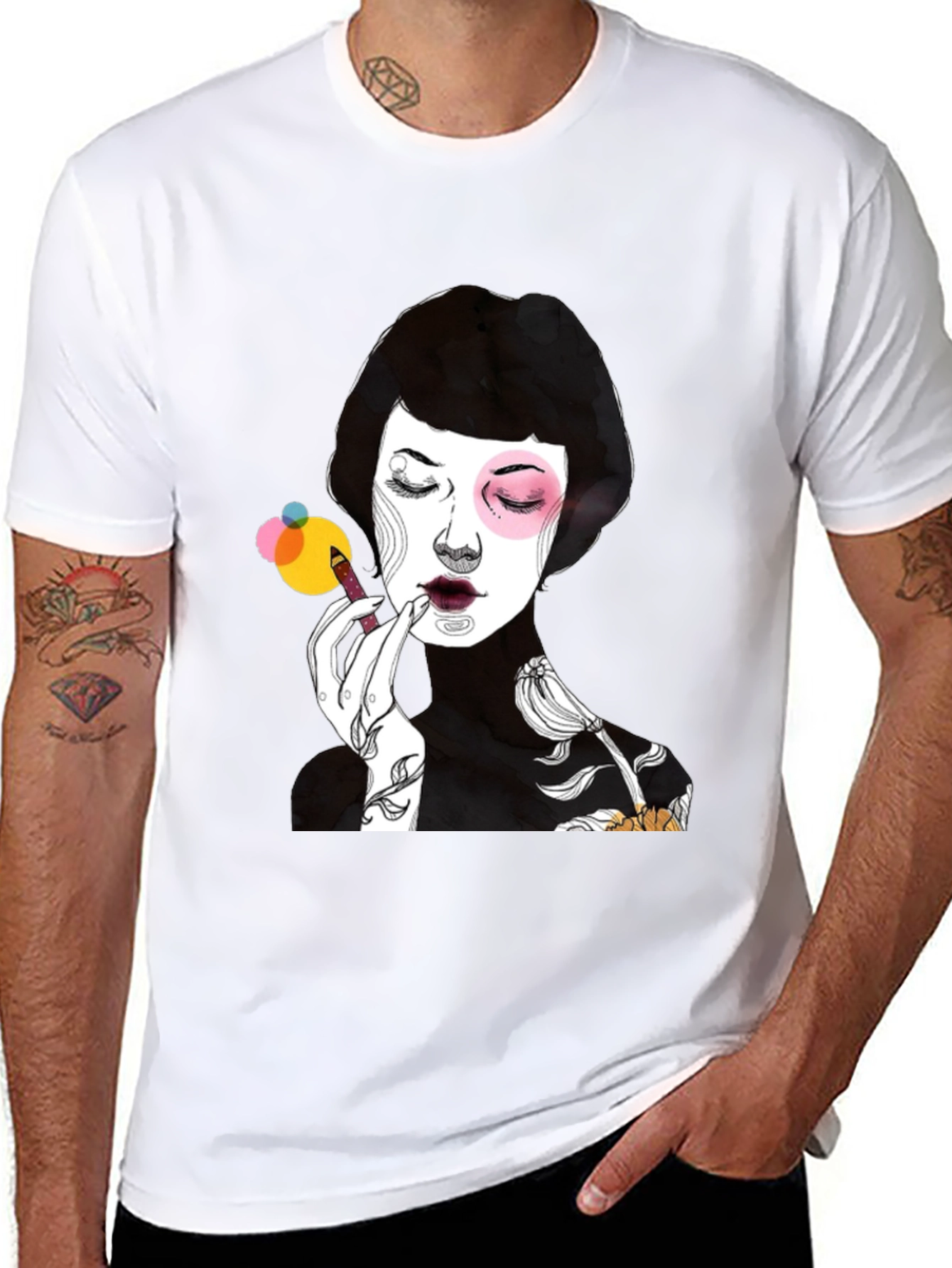 Black Graphic Print Black T-Shirt - Woman Applying Makeup view 8