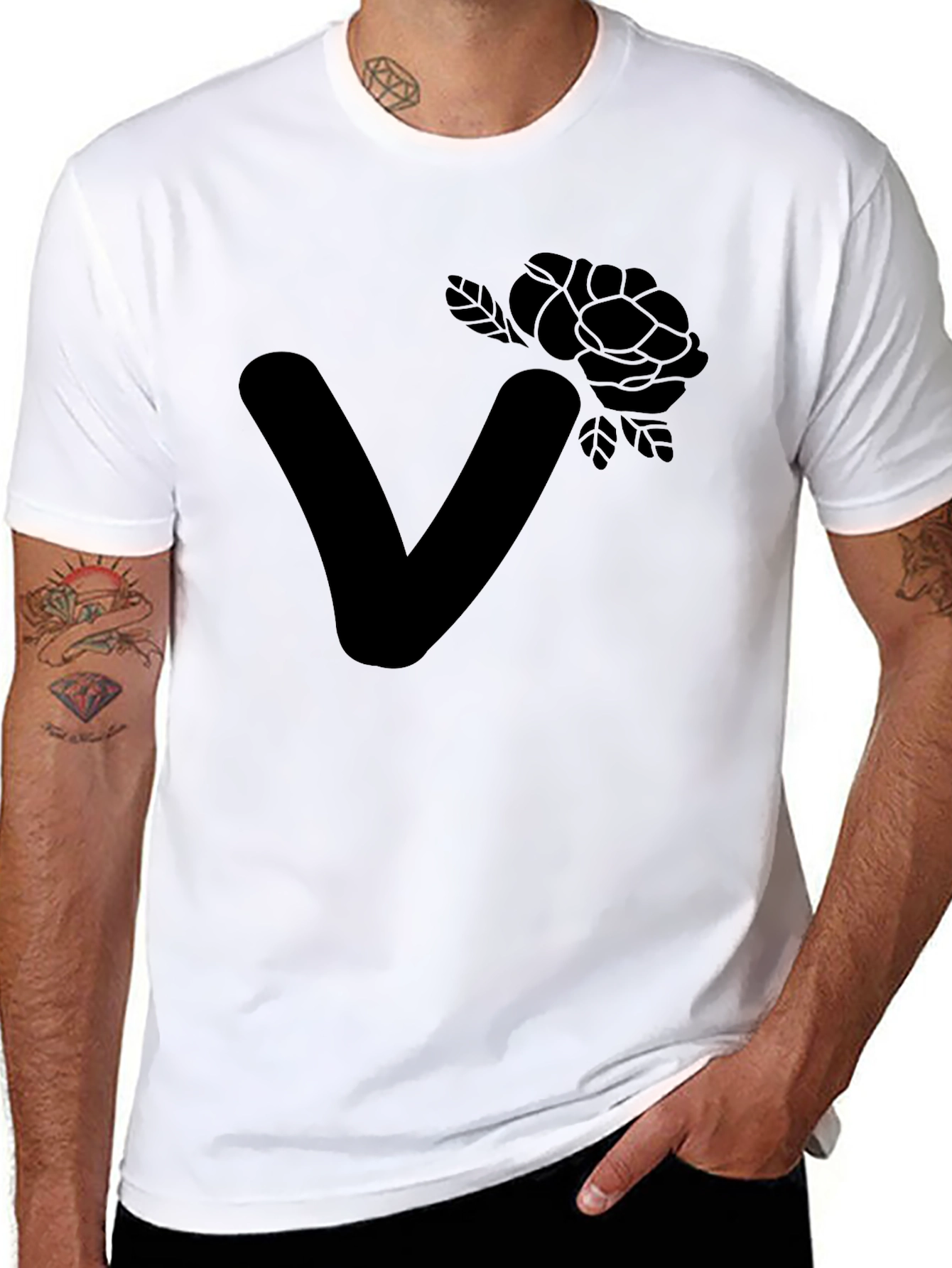 Black Stylish Black T-Shirt with Floral Letter V Design view 8
