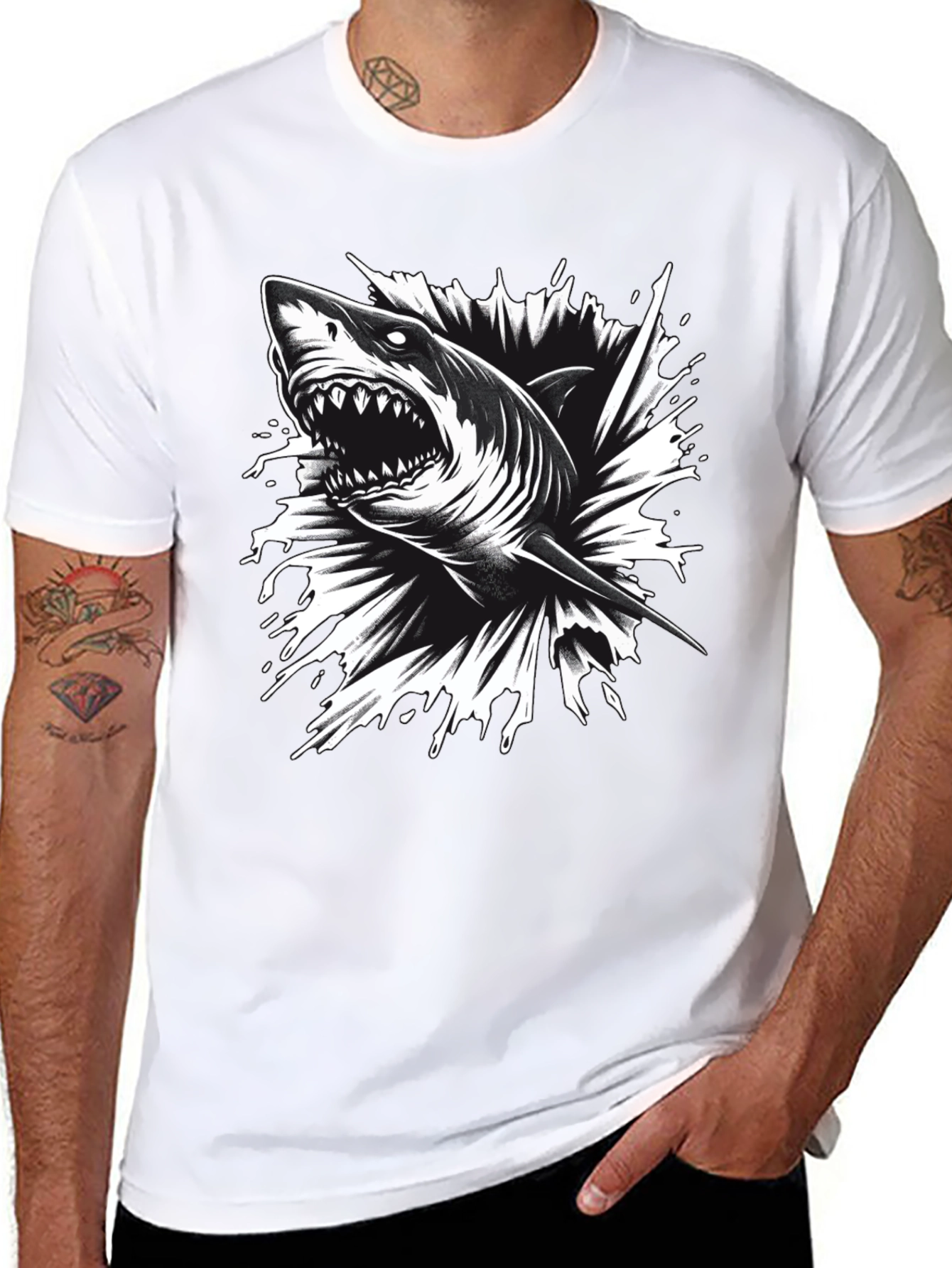 Black Men's Black Shark Graphic Tee - Bold & Edgy! view 8