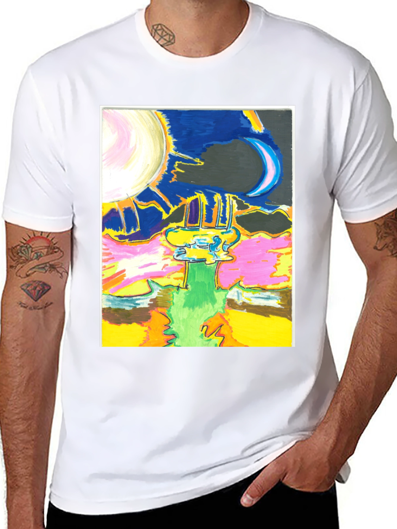 Black Artistic Moon & Sun Graphic Tee - Unique Design view 8