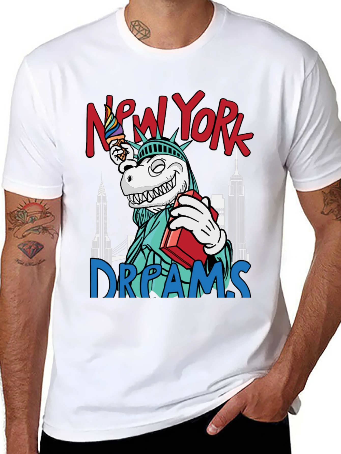 Black New York Dreams T-Shirt: Dinosaur Liberty Funny Tee view 8