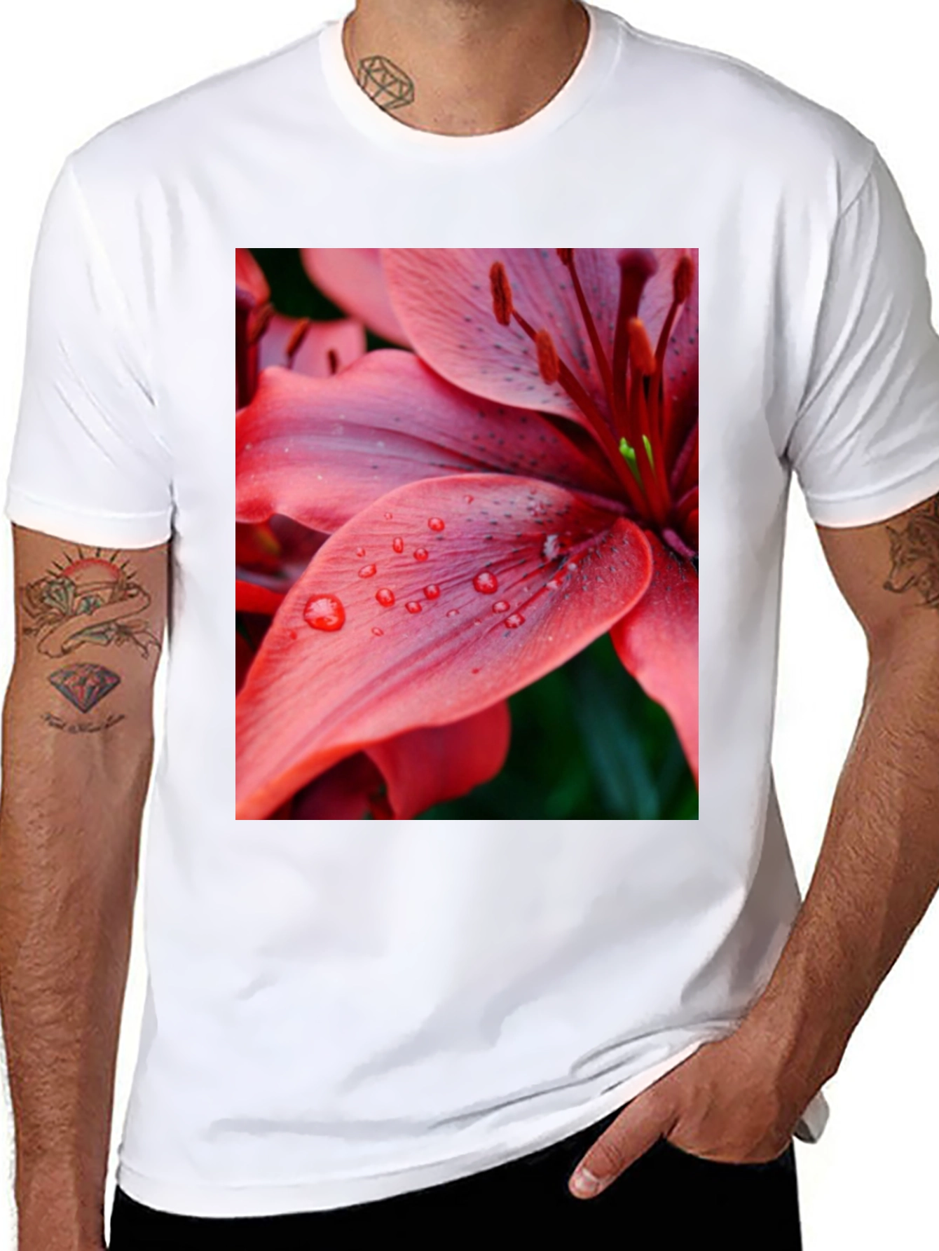 Black Floral Print T-Shirt - Red Lily Design view 8