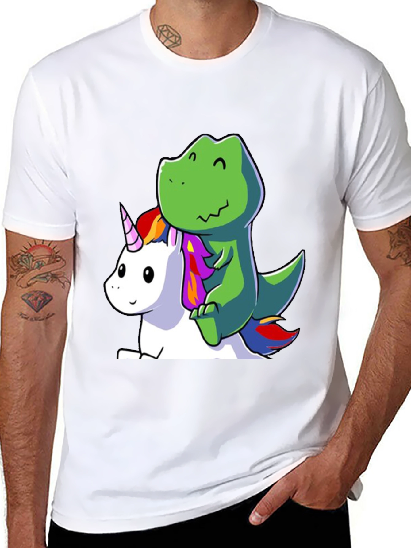 Black Dino Riding Unicorn T-Shirt - Cute Cartoon Design view 8