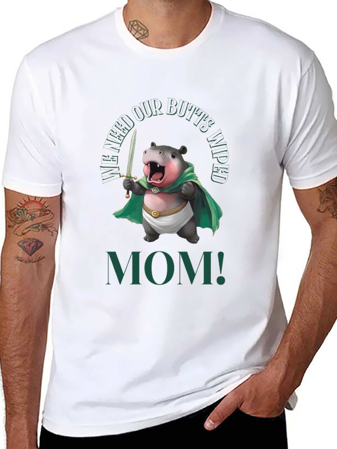 Black Funny Hippo "We Need Our Butts Wiped, Mom!" T-Shirt view 8