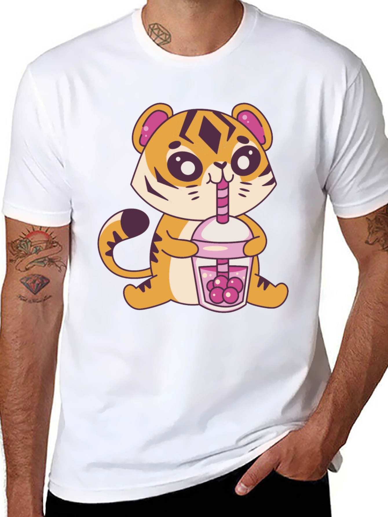 Black Cute Tiger Boba Tea Graphic Tee - Black view 8