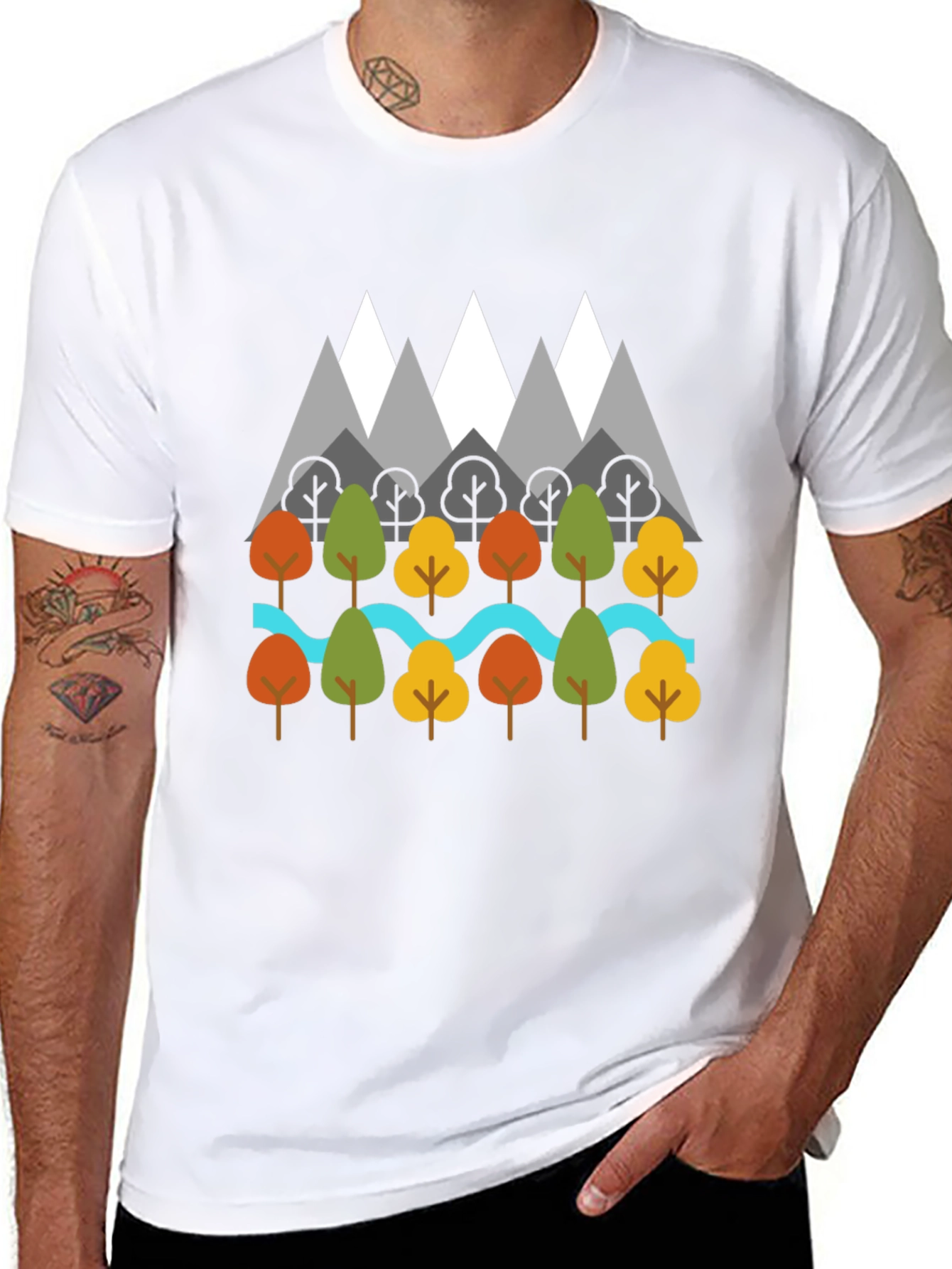 Black Nature Graphic T-Shirt - Mountains, Trees, River Design view 8