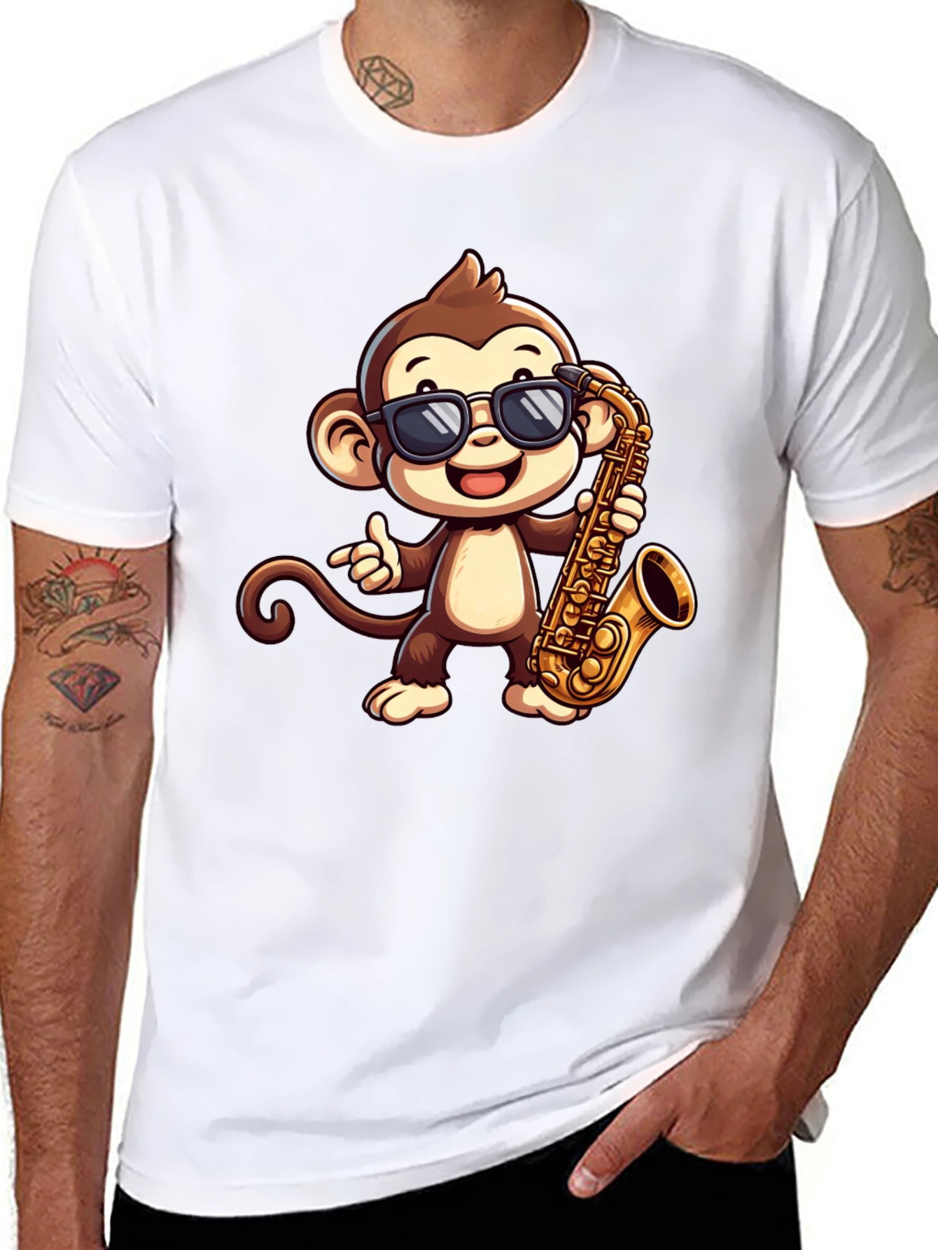 Black Monkey Saxophone Graphic Tee - Cool Cartoon T-Shirt view 8