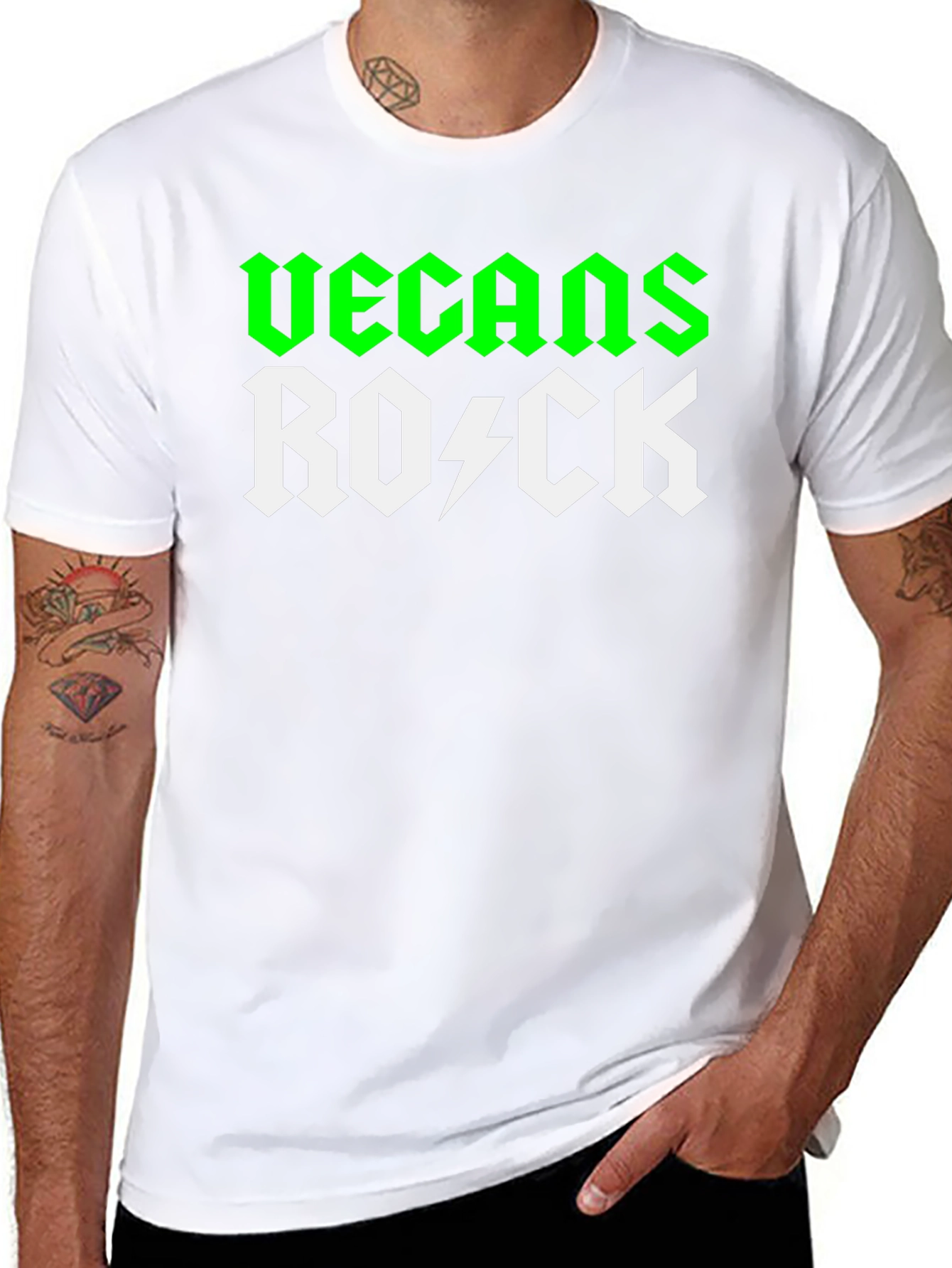 Black Vegans Rock T-Shirt - Green & White Graphic Tee view 8