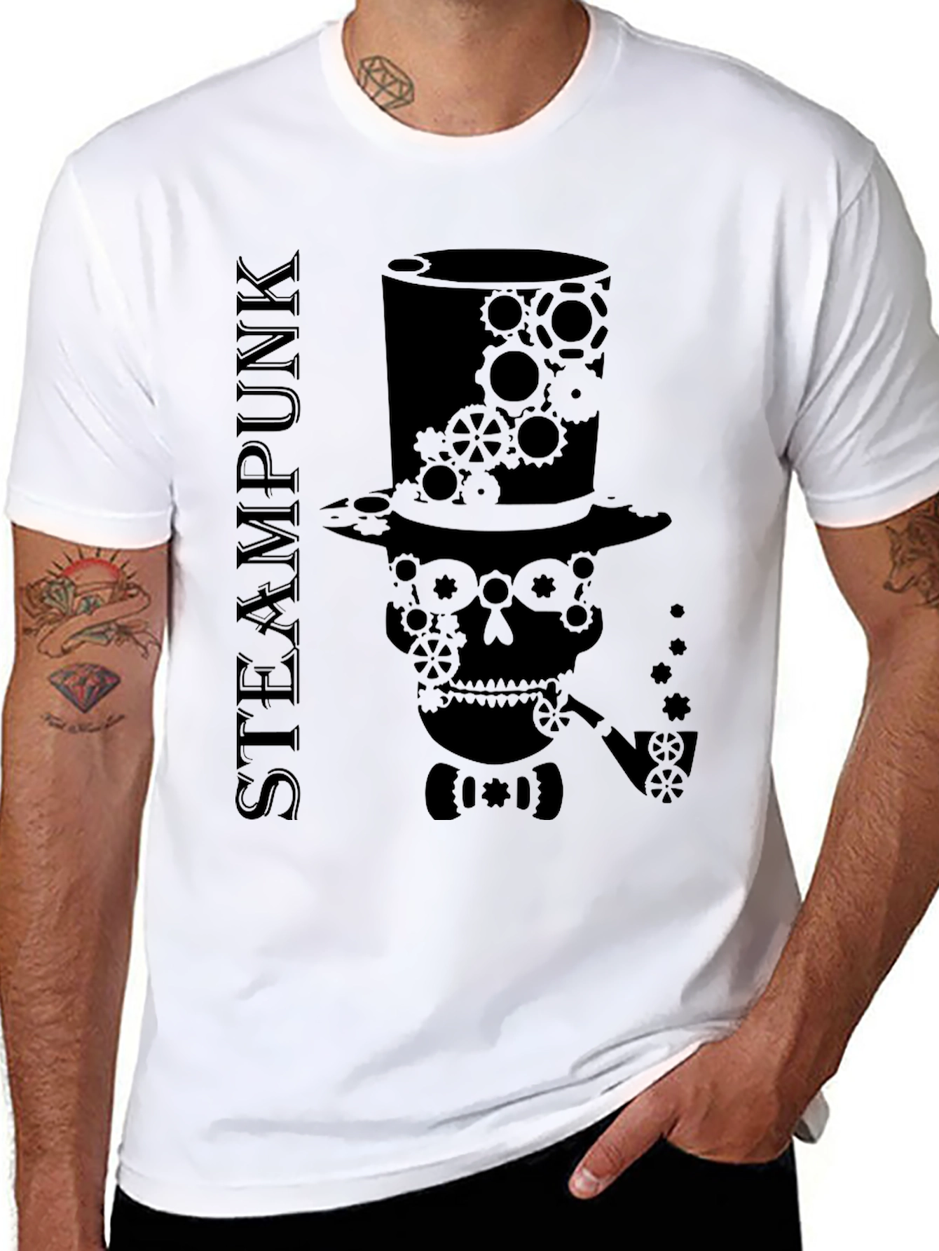 Black Steampunk Skull Gear T-Shirt - Unique Design view 8