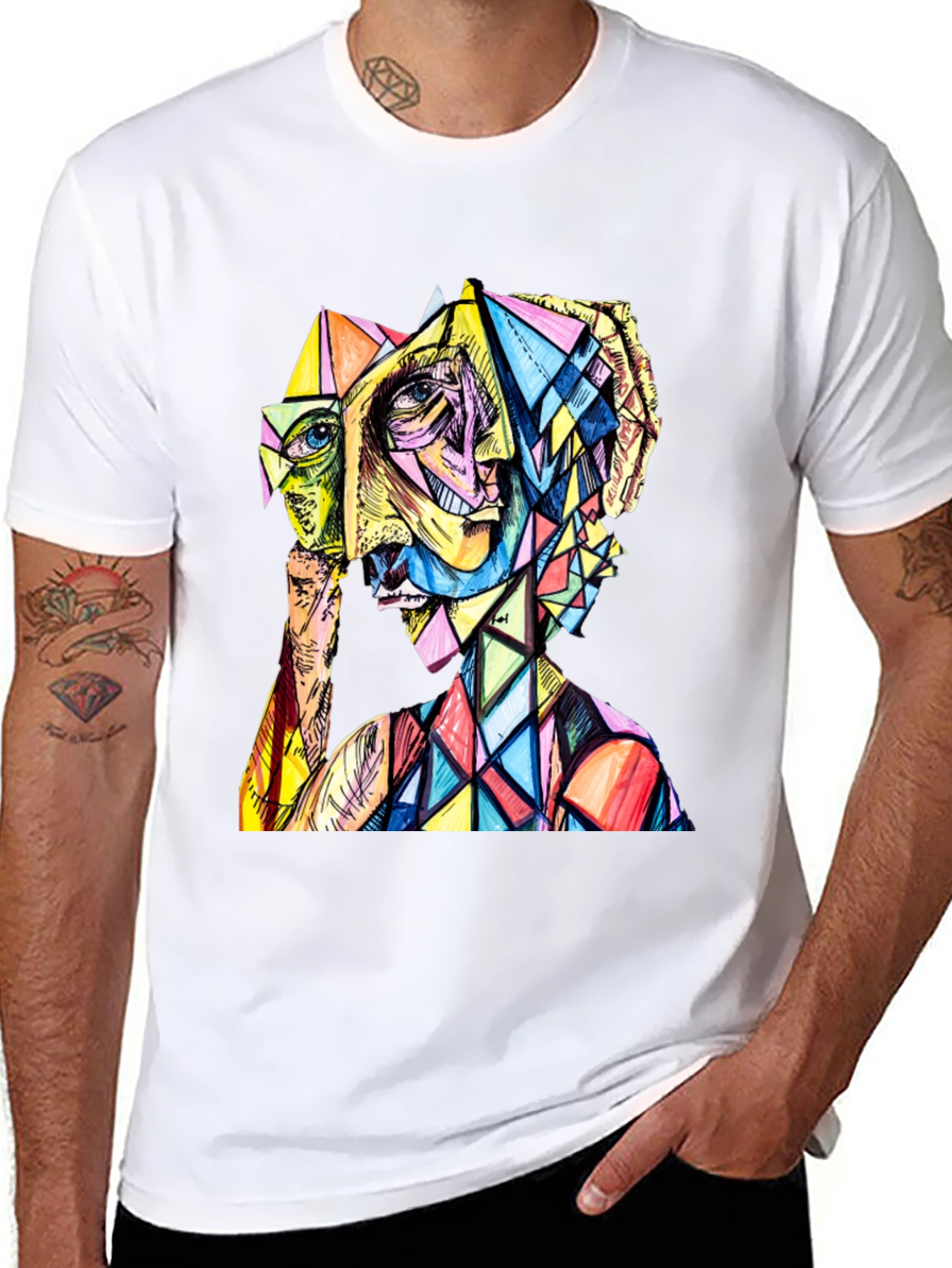 Black Abstract Geometric Face Graphic Tee view 8