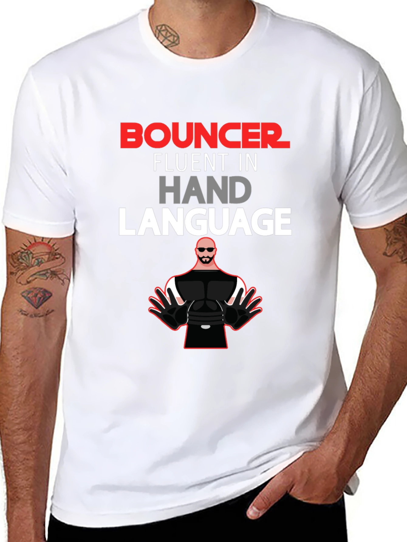 Black Bouncer Fluent in Hand Language Black Graphic Tee view 8