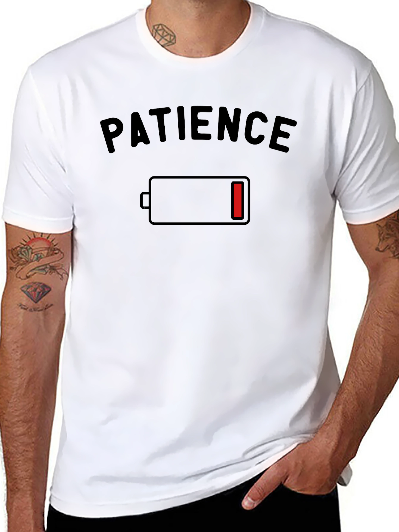 Black Patience Low Battery Black Graphic T-Shirt view 8