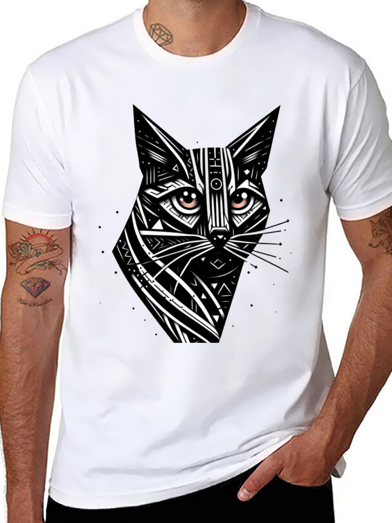 Black Tribal Cat Graphic Black T-Shirt view 8