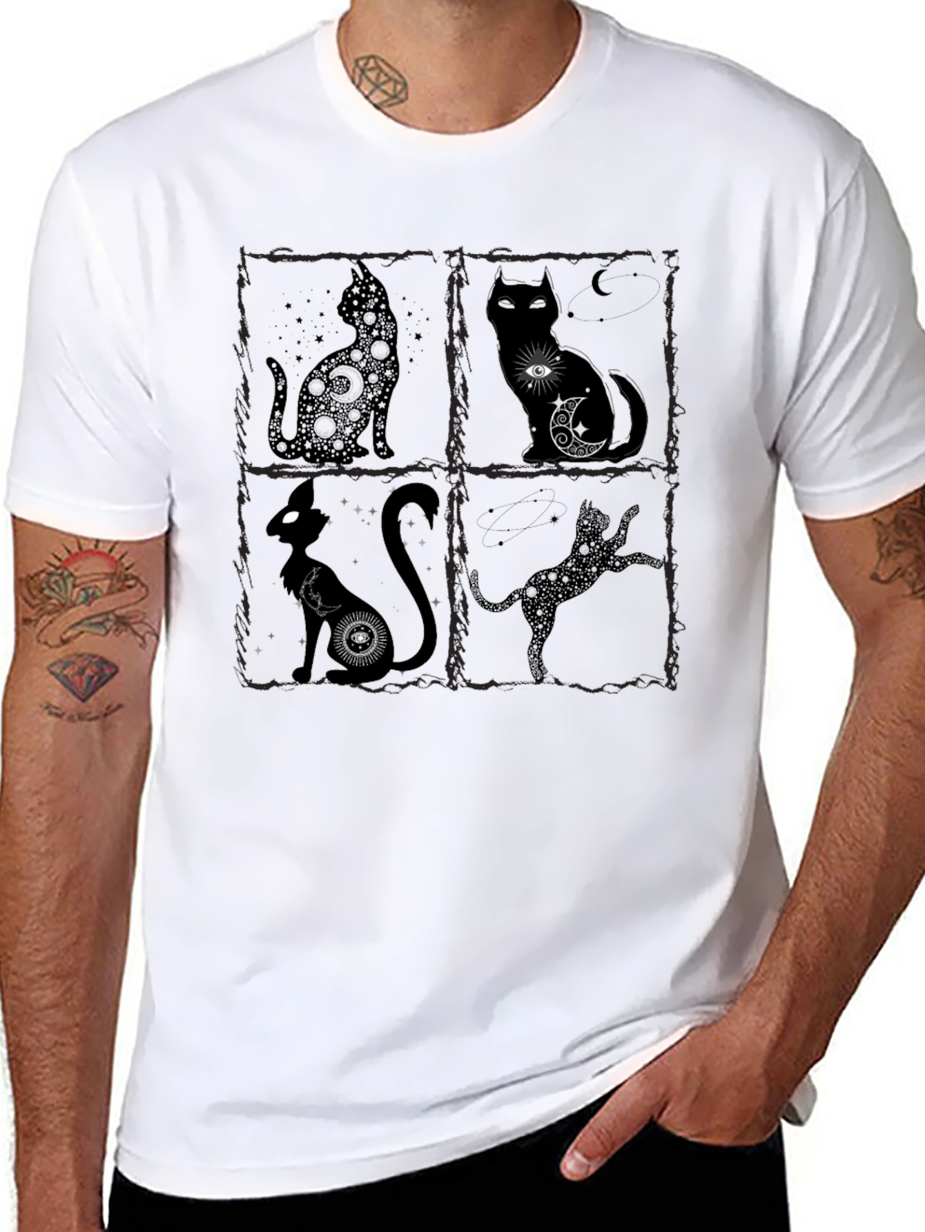 Black Mystical Cat T-Shirt - Black Crew Neck view 8