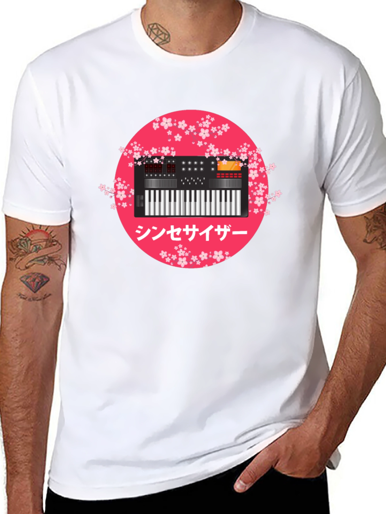 Black Synthesizer Sakura Graphic Tee view 8
