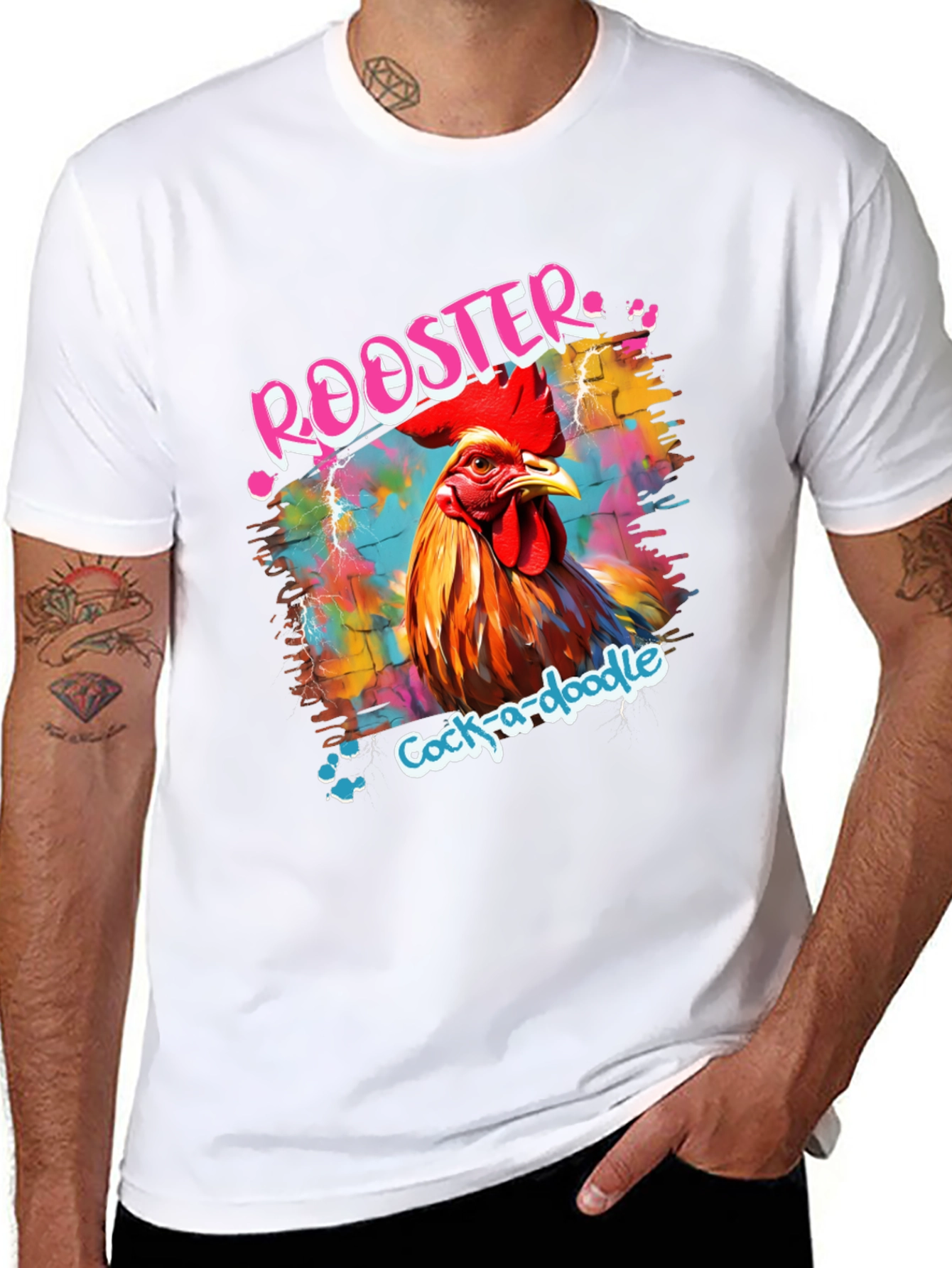 Black Rooster Graphic Tee - Men's Colorful Cock-a-doodle Shirt view 8
