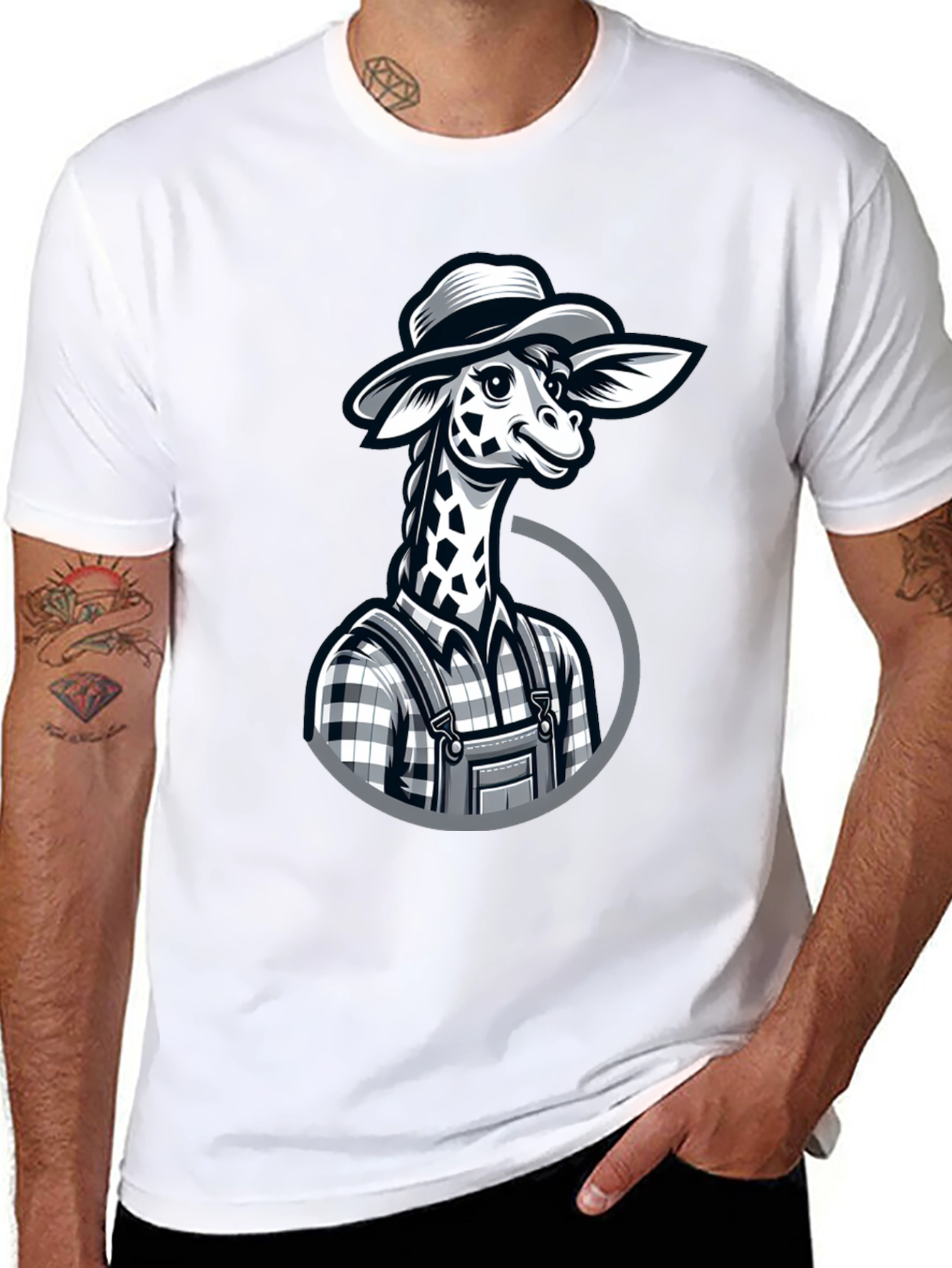 Black Giraffe Farmer Graphic Tee - Novelty Cartoon Animal Shirt view 8