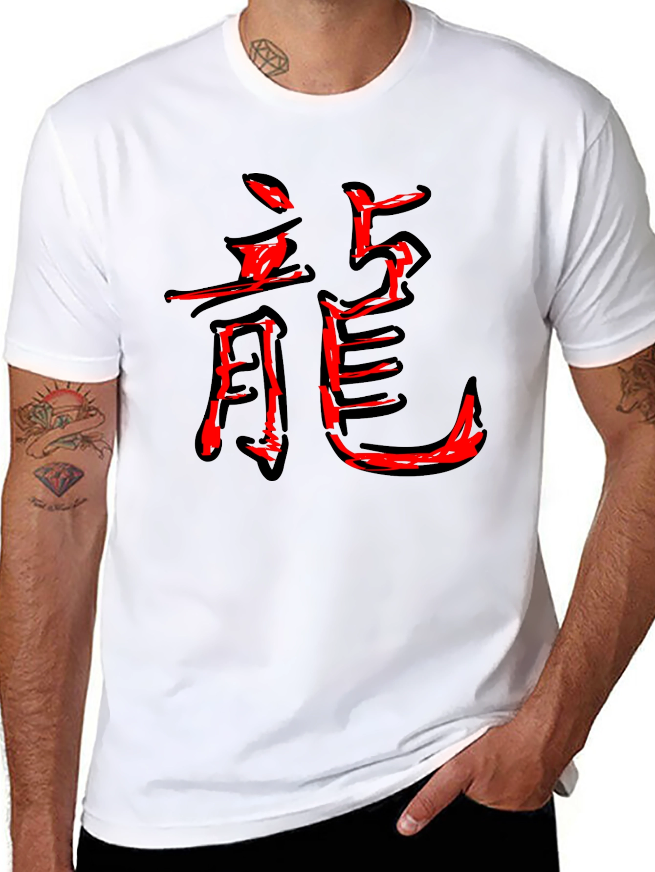 Black Men's Black T-Shirt with Red Dragon Symbol view 8