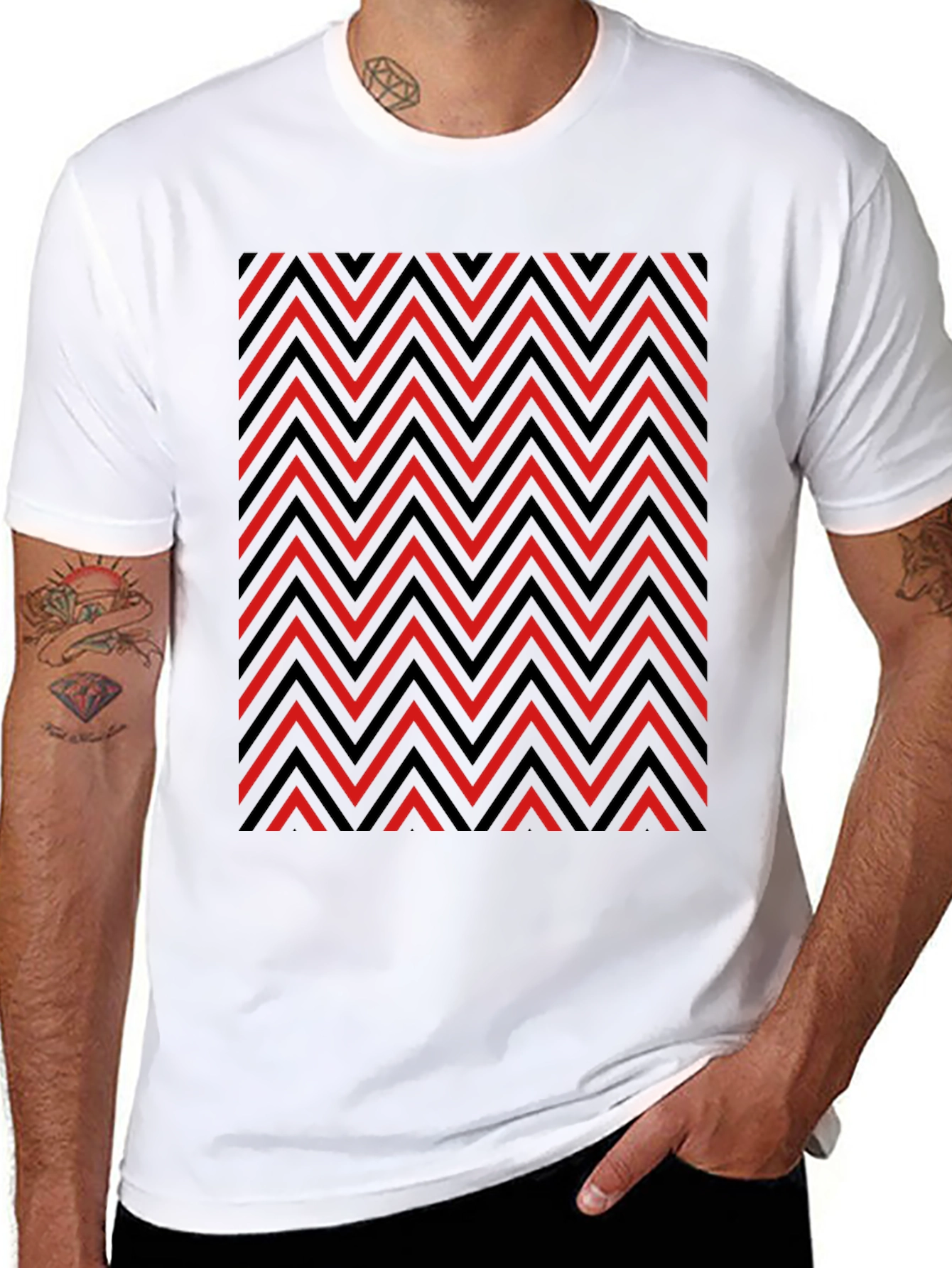 Black Zigzag Patterned Graphic Tee - Red and Black view 8