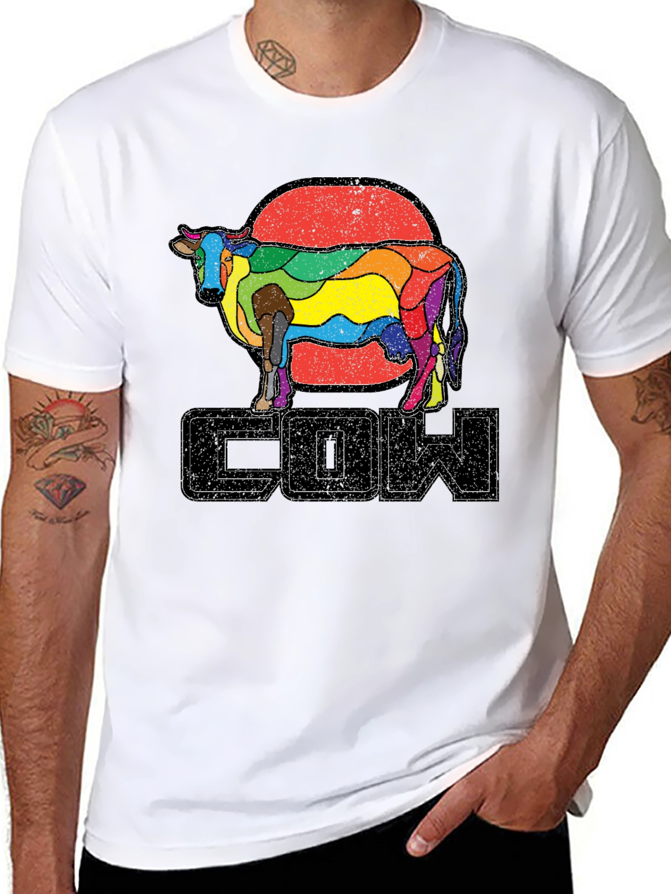 Black Retro Rainbow Cow Graphic T-Shirt view 8