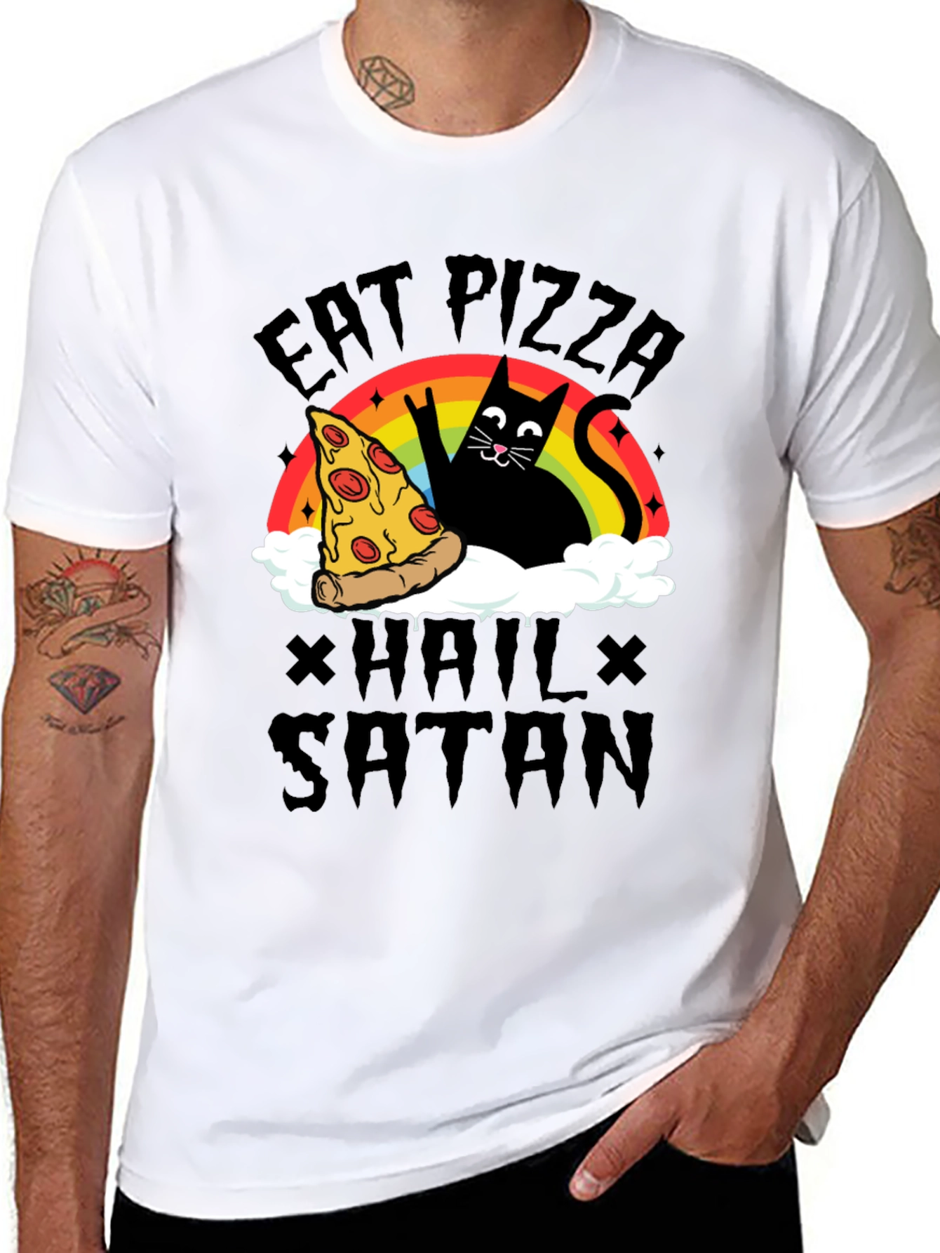 Black Eat Pizza Hail Satan Black Graphic Tee view 8