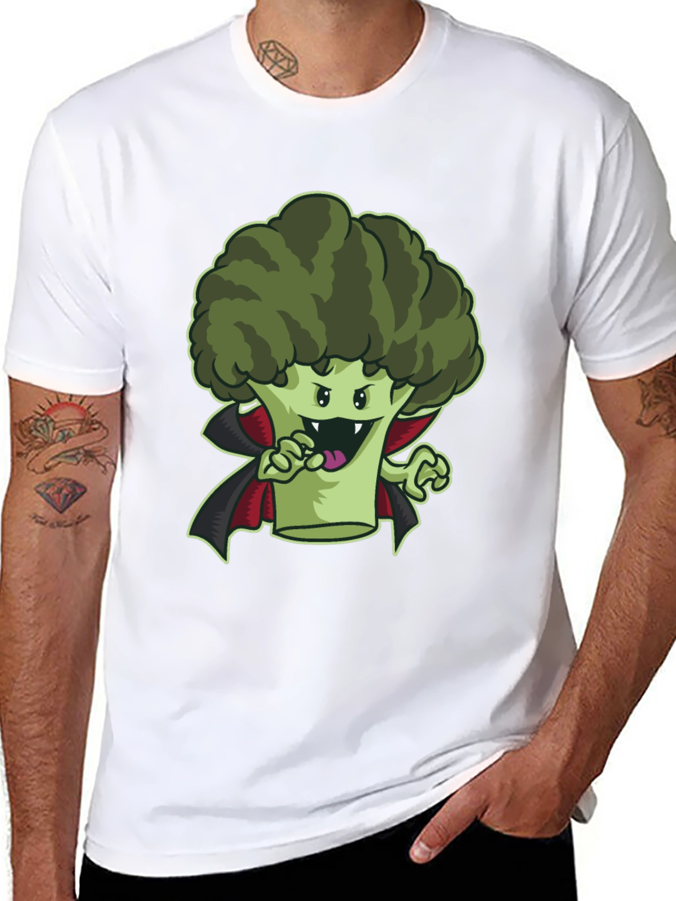 Black Broccoli Vampire Graphic Tee - Funny Halloween Shirt view 8