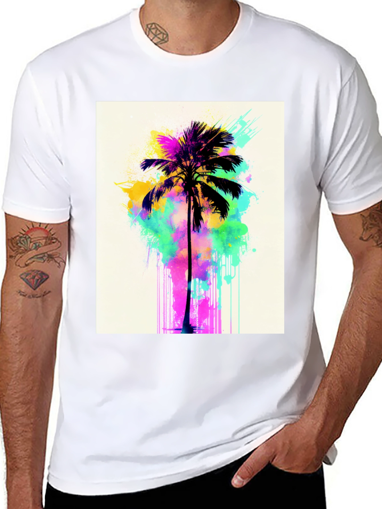 Black Vibrant Palm Tree Graphic Tee - Black Cotton T-Shirt view 8
