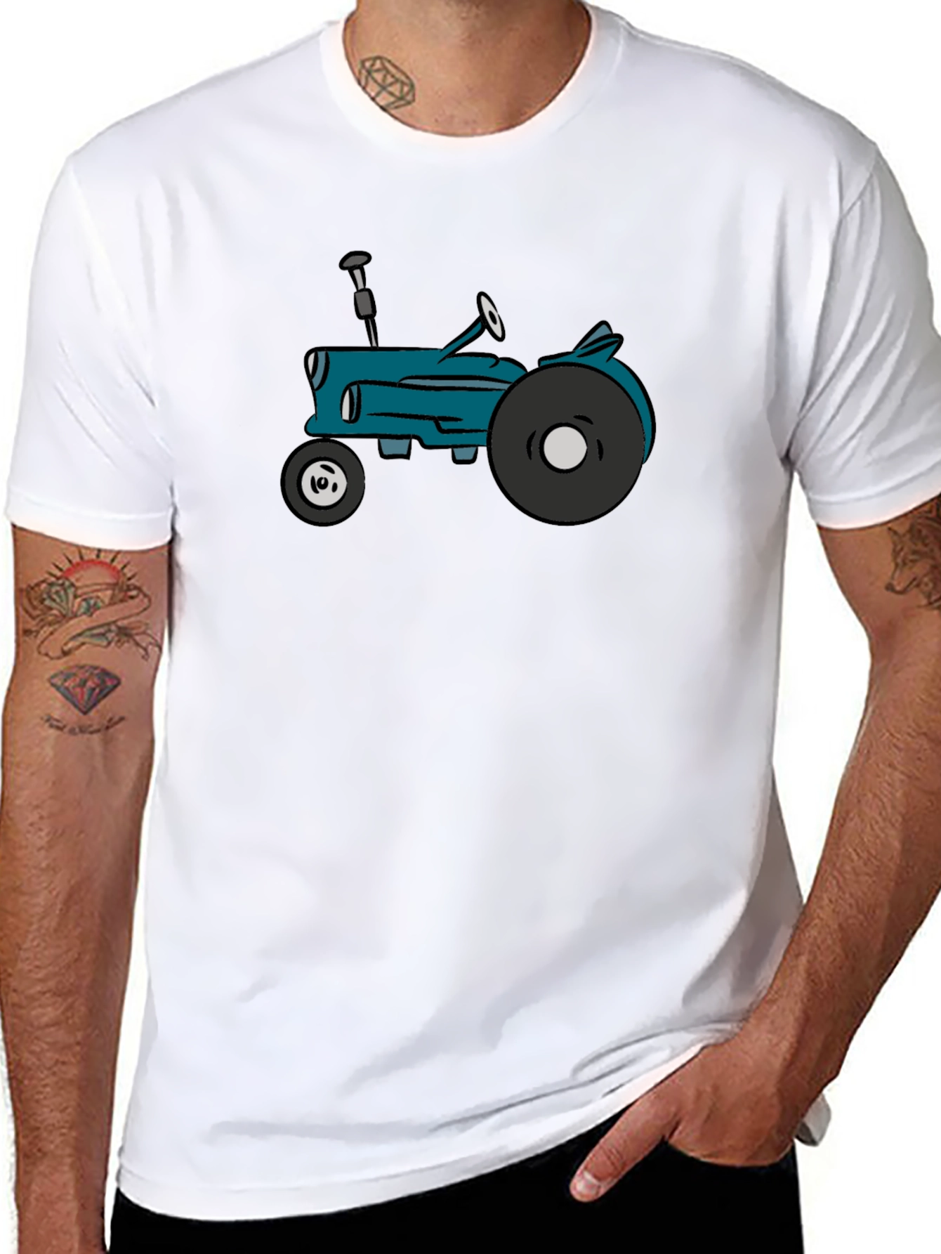 Black Cartoon Tractor Graphic Tee - Black Cotton T-Shirt view 8