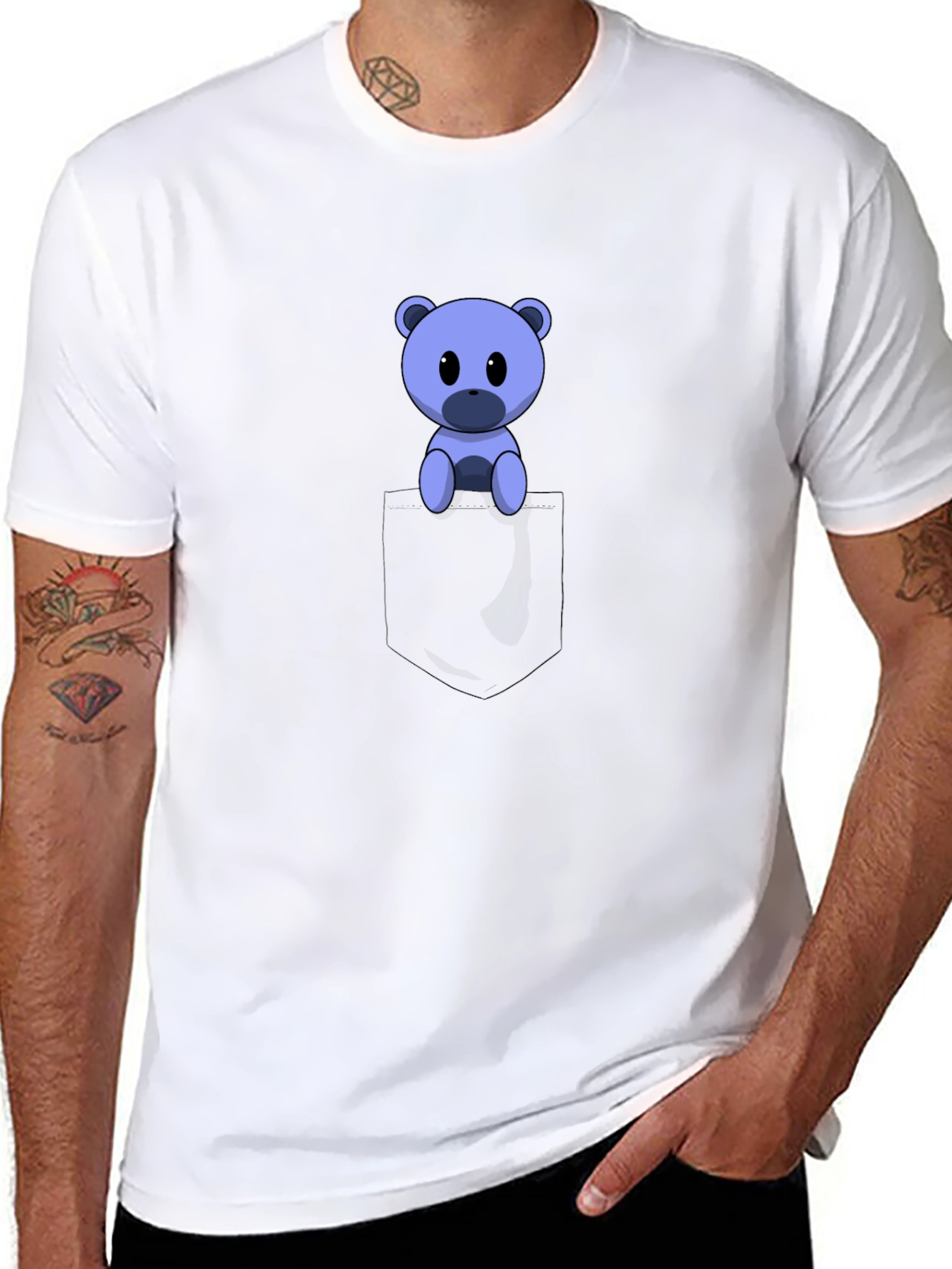 Black Cute Cartoon Bear in Pocket Black T-Shirt view 8