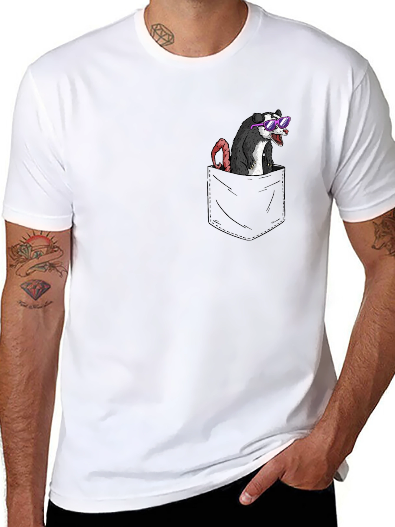 Black Cool Opossum Pocket T-Shirt - Funny Animal Graphic Tee view 8