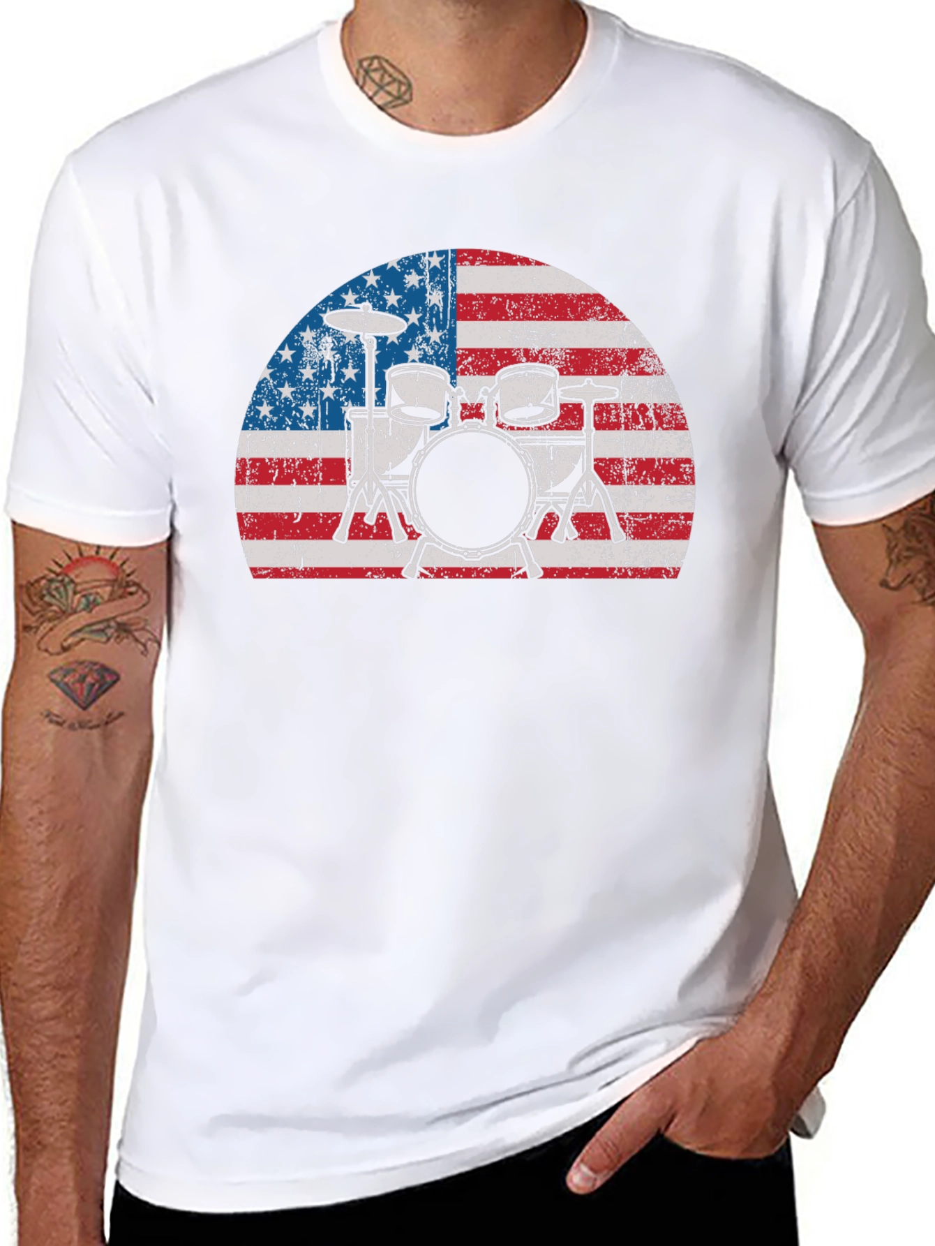 Black American Flag Drum Set T-Shirt view 8