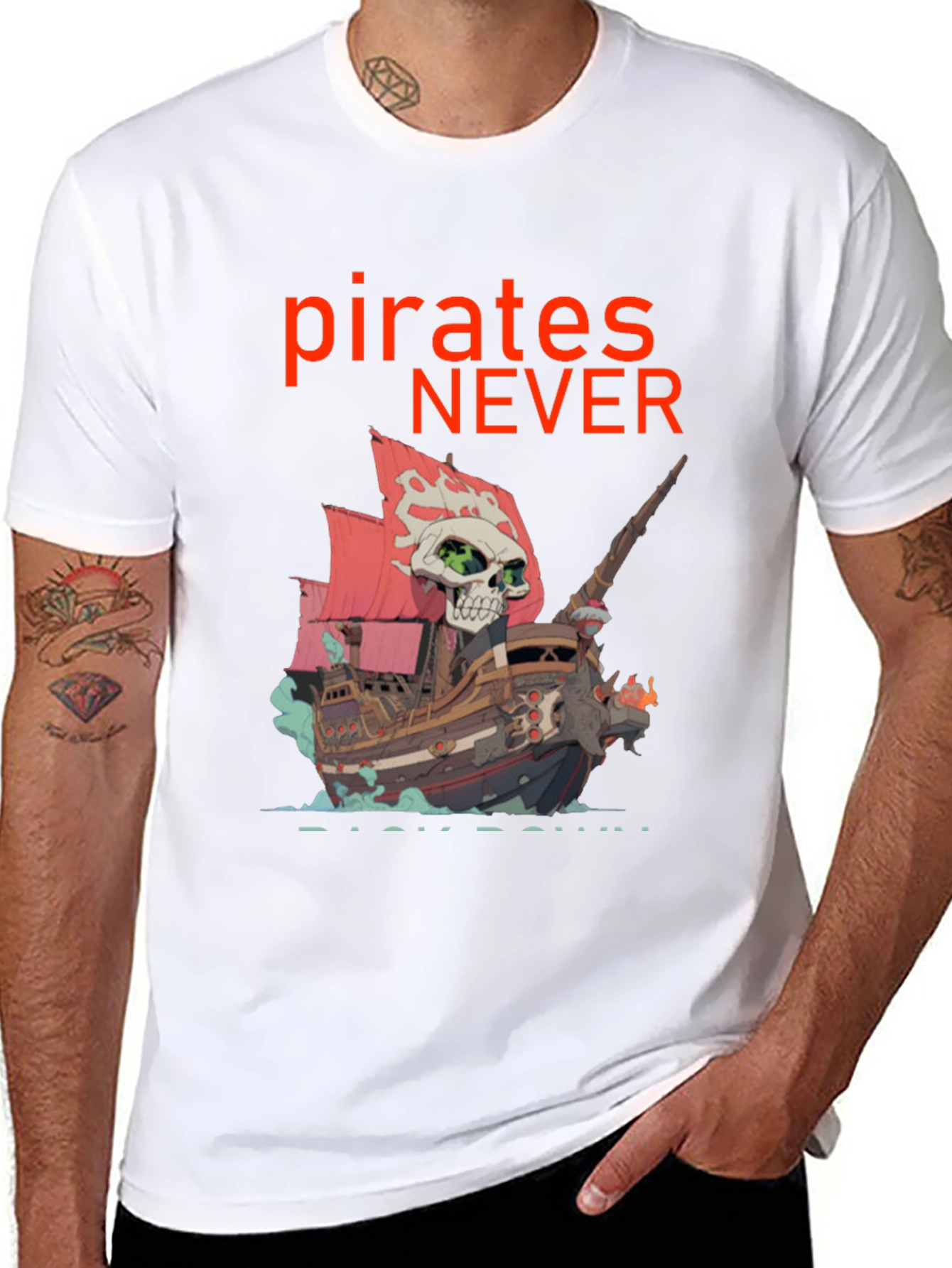 Black Pirates Never Back Down T-Shirt - Skull Ship Design view 8