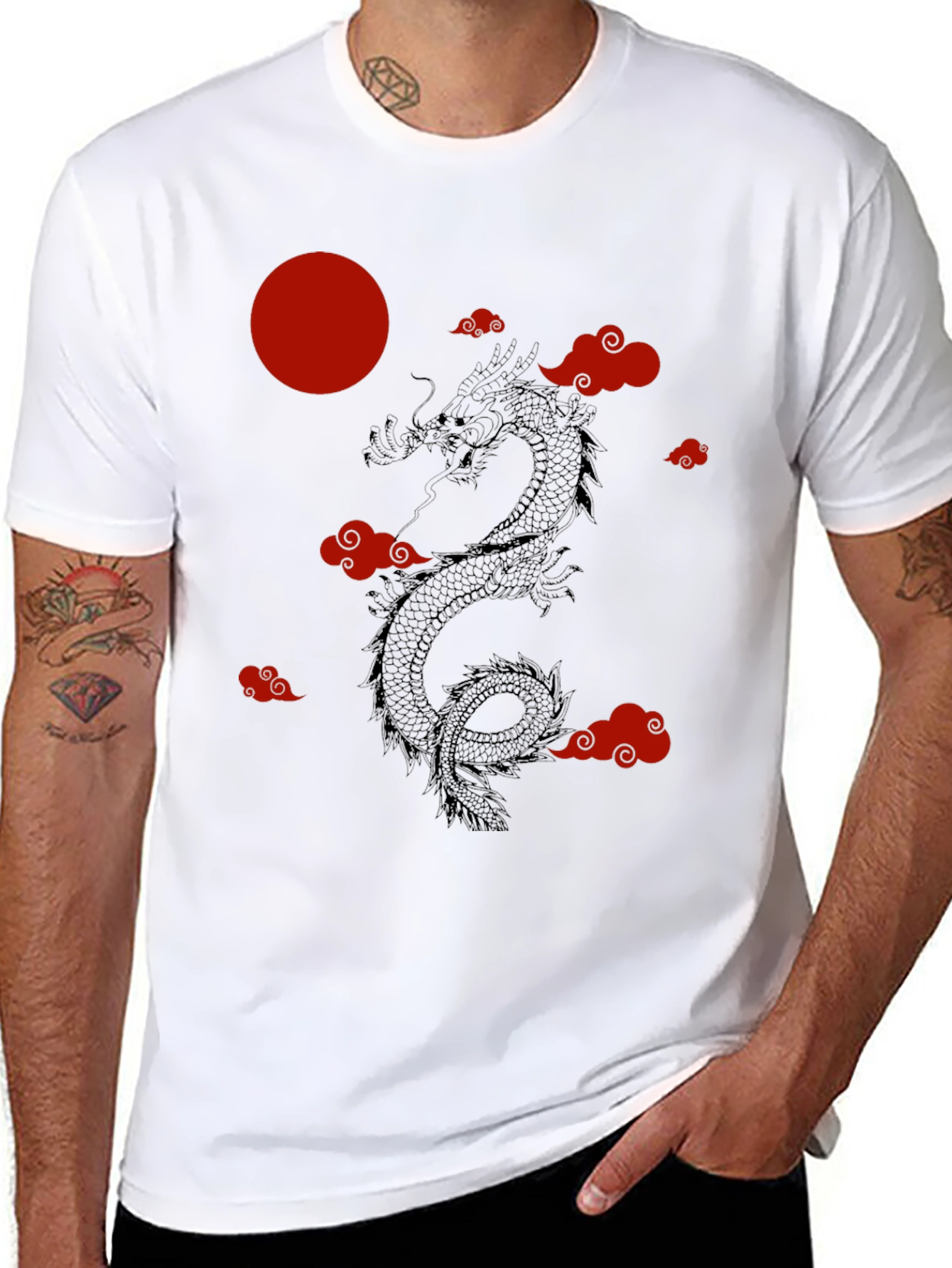 Black Dragon & Clouds Graphic Tee - Red Moon - Black Shirt view 8